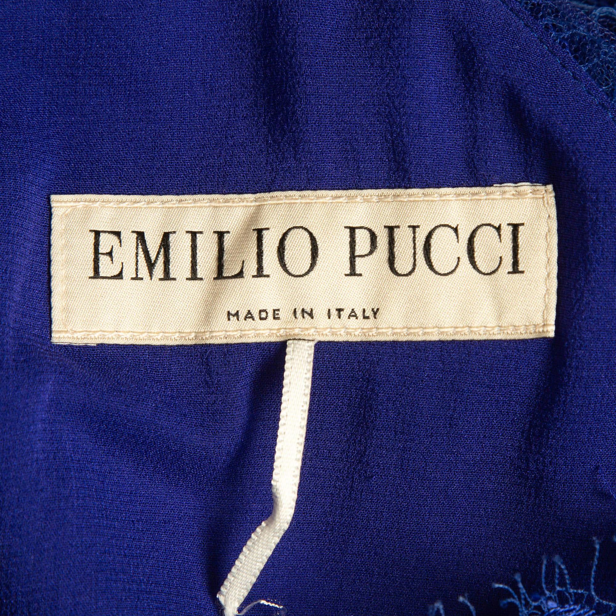 Women's Emilio Pucci Blue Lace Trim Stretch Crepe Peplum Pencil Dress L For Sale