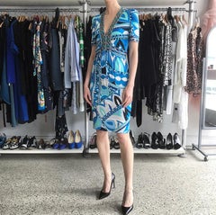 Emilio Pucci Blue Op Art Beaded Jersey Short Sleeve Dress - 6