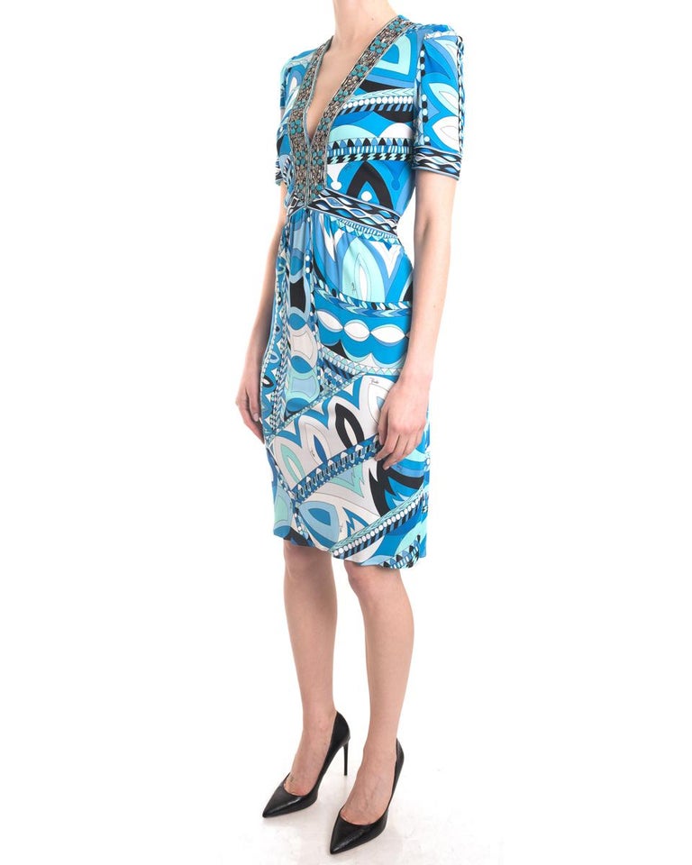 Emilio Pucci Blue Op Art Beaded Jersey Short Sleeve Dress - 6 For Sale ...