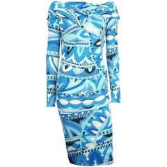 Emilio Pucci Blue Printed Off The Shoulder Dress - 44 - NWT