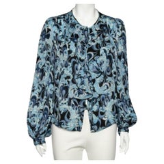 Emilio Pucci Blue Printed Silk Ruffle Detail Button Front Top L