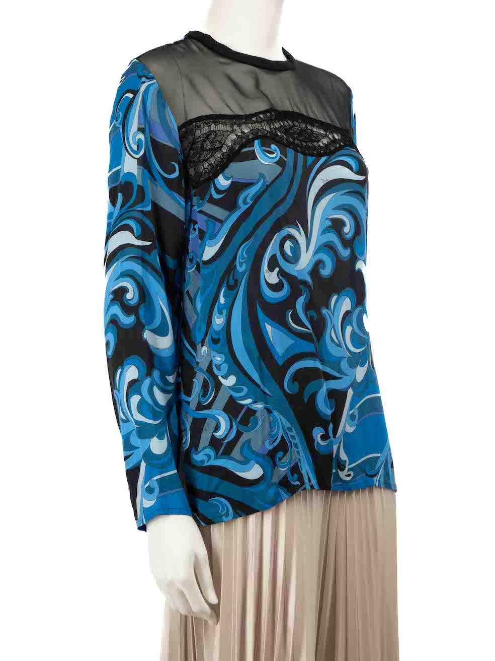 CONDITION is Very good. Hardly any visible wear to top is evident on this used Emilio Pucci designer resale item.
 
 Details
 Blue
 Silk
 Top
 Abstract pattern
 Long sleeves
 Round neck
 Sheer
 Lace panel
 Back button fastening
 
 
 Made in Italy
 
