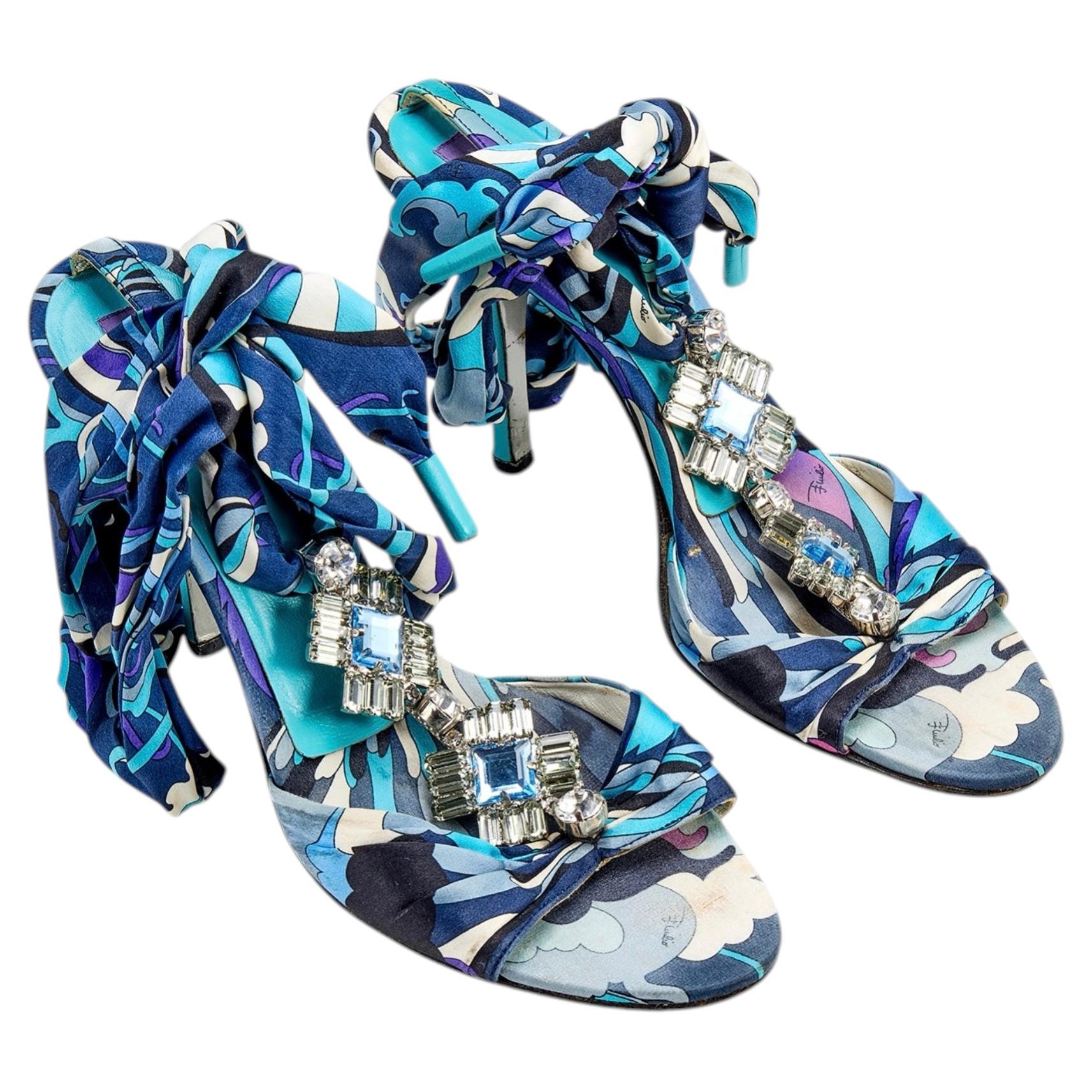 Emilio Pucci Blue Silk & Silver Jewel Wrap Heels