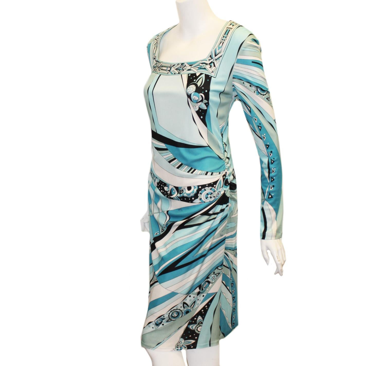 Emilio Pucci Blue Turquoise Geometric Design Gathered Waist Dress In Good Condition In Palm Beach, FL