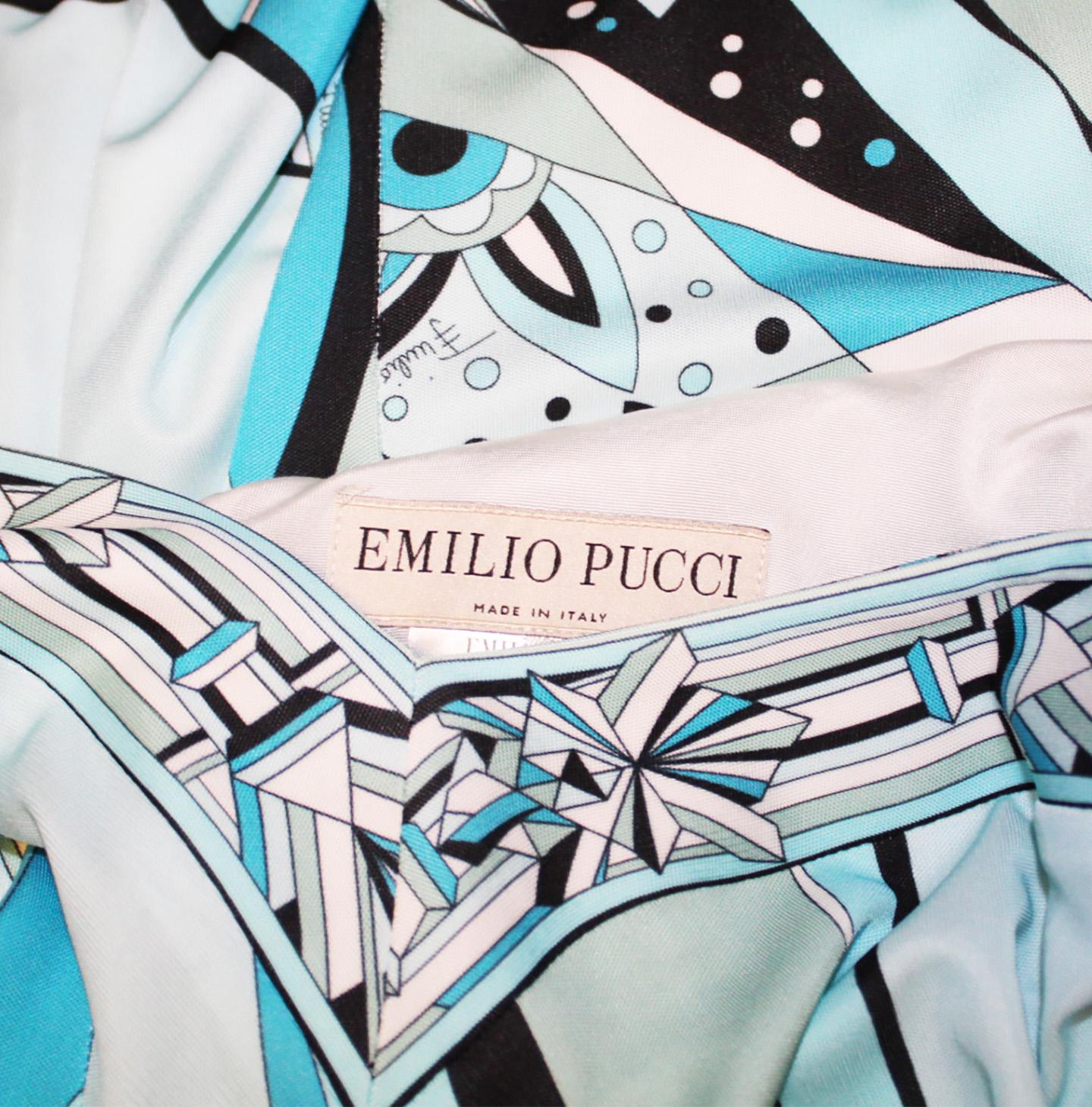 Women's Emilio Pucci Blue Turquoise Geometric Design Gathered Waist Dress