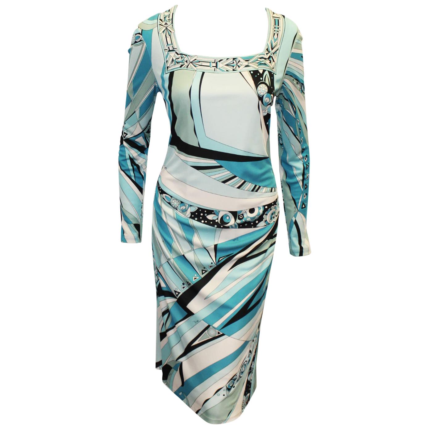 Emilio Pucci Blue Turquoise Geometric Design Gathered Waist Dress