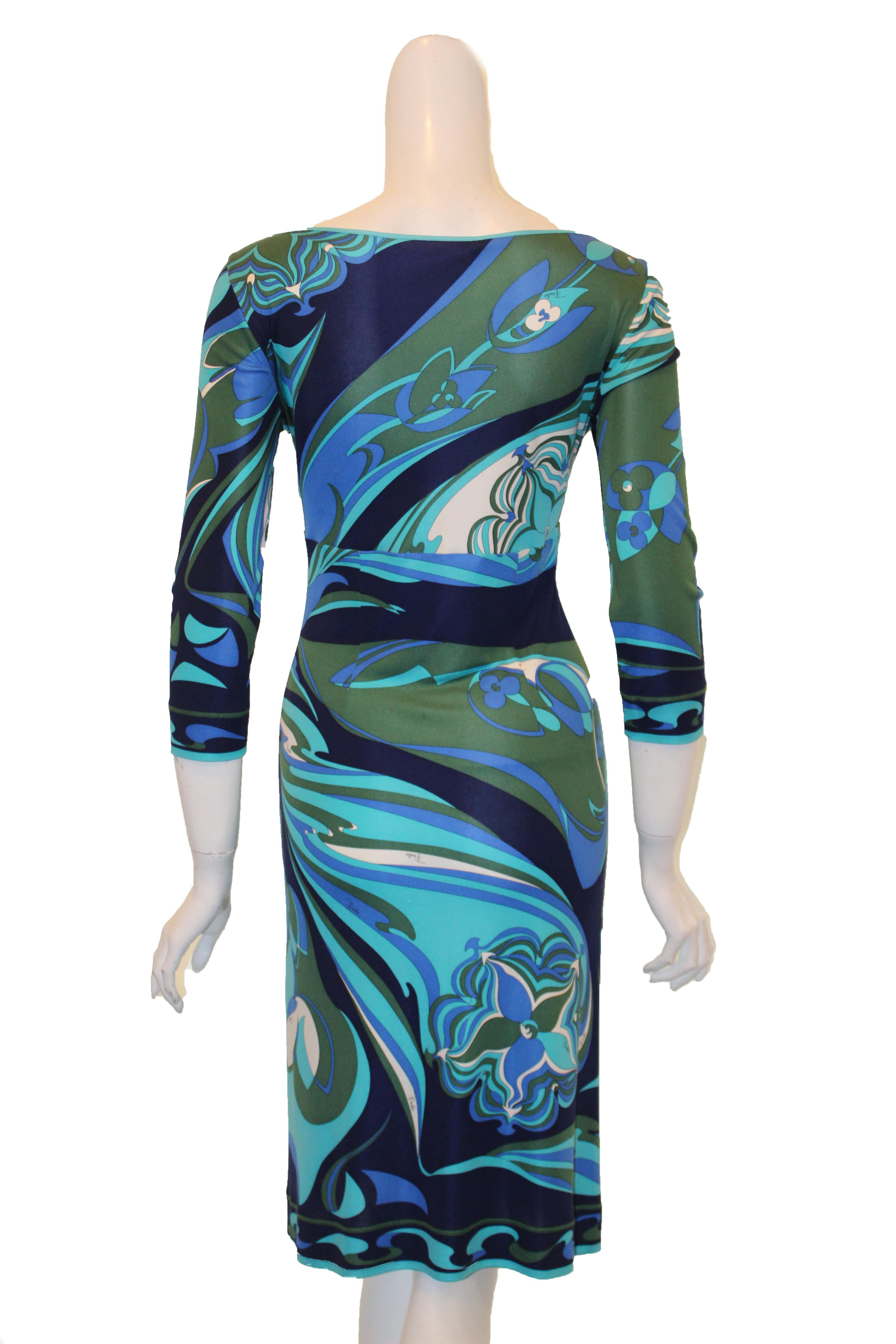 Emilio Pucci Blue, Turquoise & Green Peek a Boo Front Closure Dress  In Excellent Condition For Sale In Palm Beach, FL