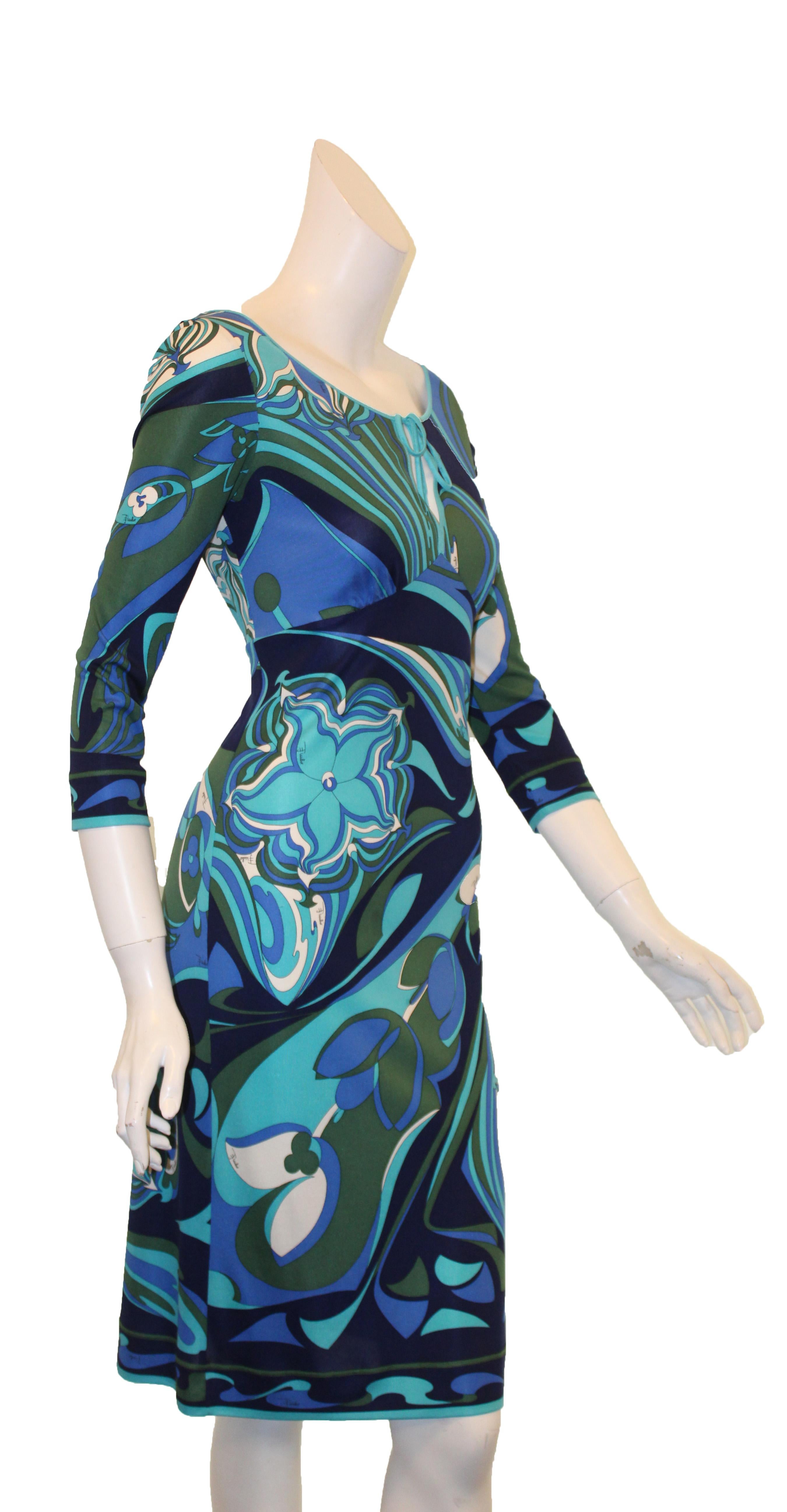 Women's Emilio Pucci Blue, Turquoise & Green Peek a Boo Front Closure Dress  For Sale