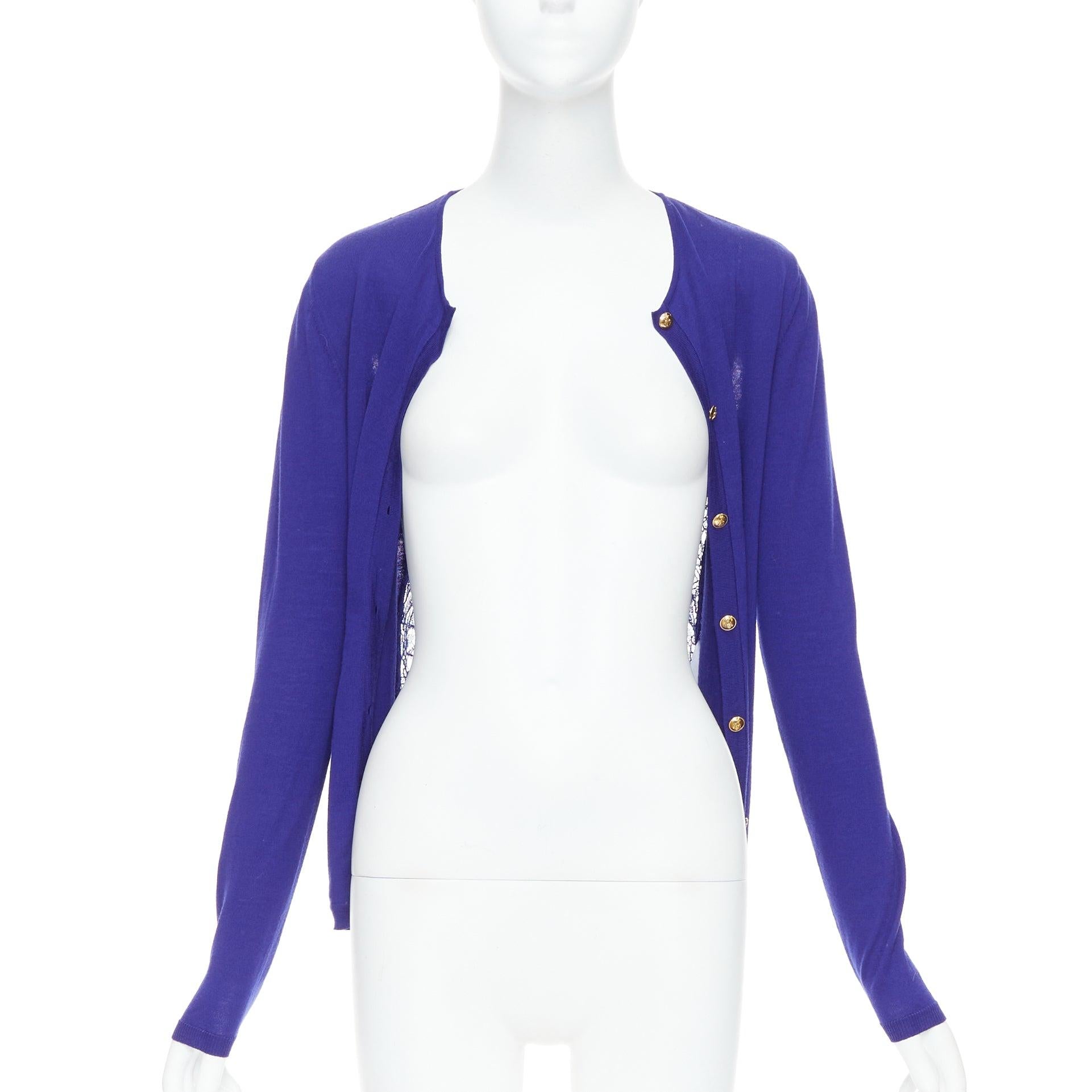 EMILIO PUCCI blue virgin wool floral lace back cardigan S In Excellent Condition For Sale In Hong Kong, NT