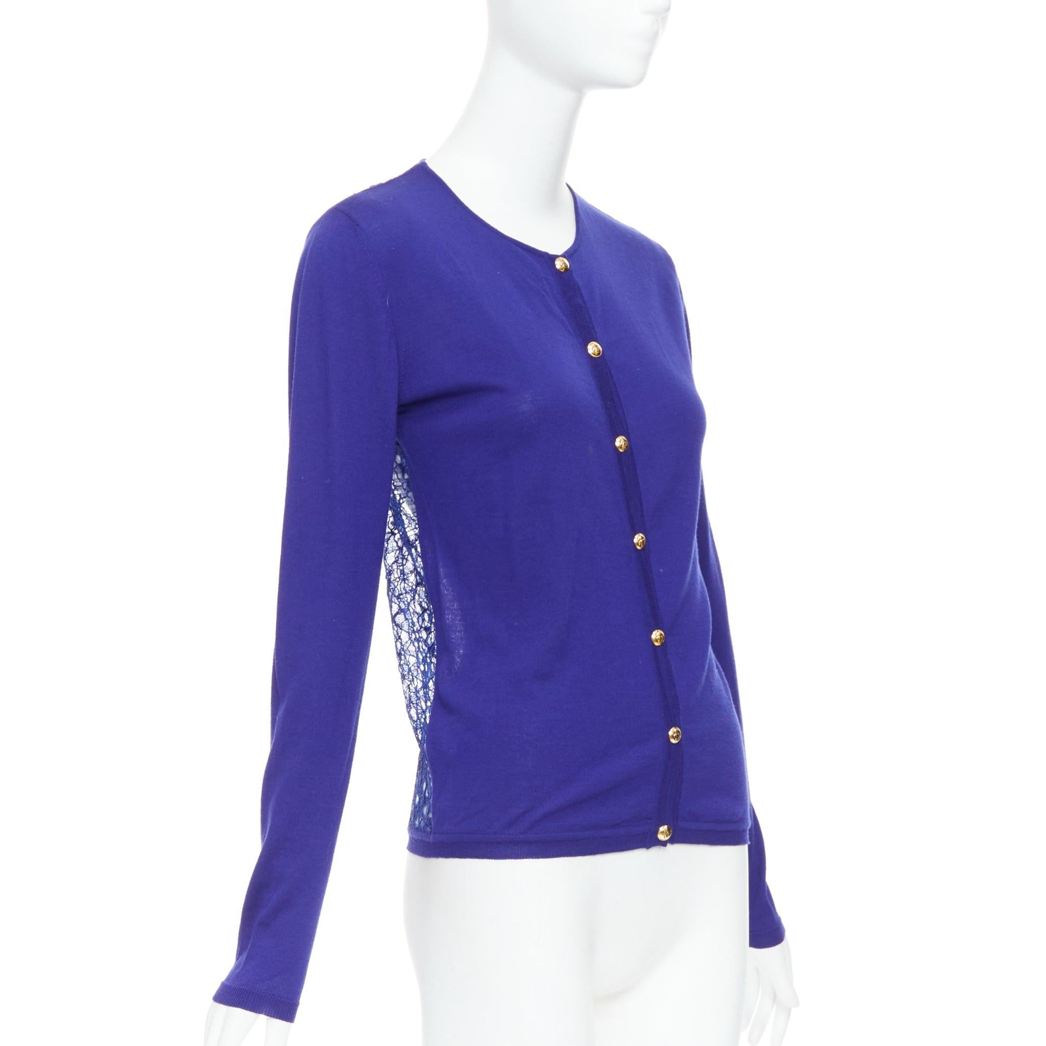 Women's EMILIO PUCCI blue virgin wool floral lace back cardigan S For Sale