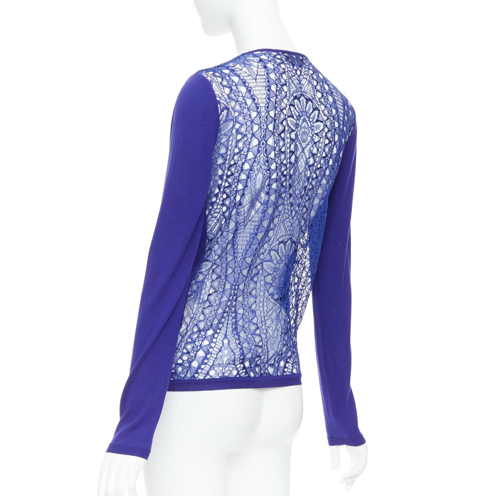 EMILIO PUCCI blue virgin wool floral lace back cardigan S For Sale 2