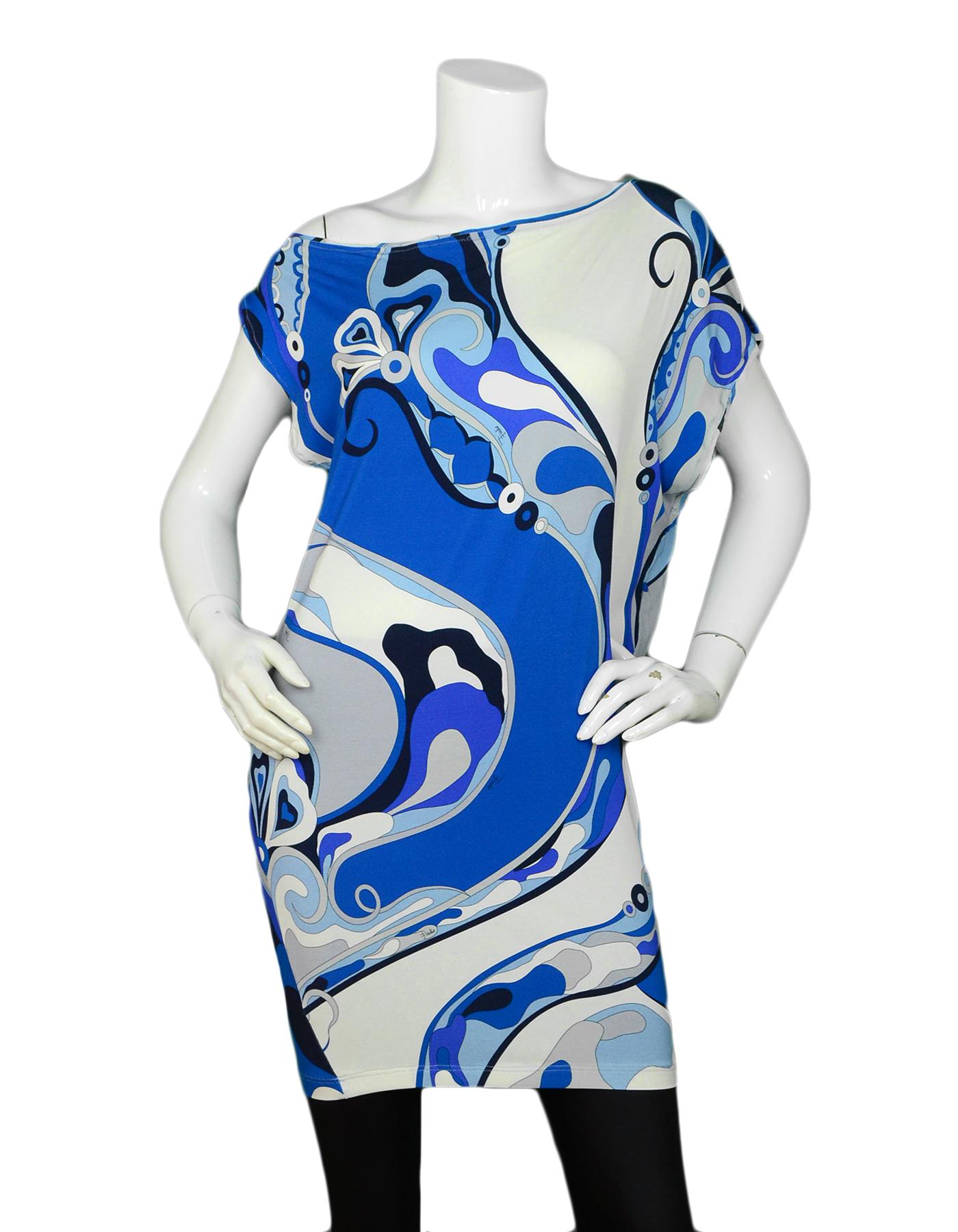 Emilio Pucci Blue White Abstract Print Asymmetrical Tunic Top sz 4

Made In: Italy
Year of Production: 
Color: Blue, White
Materials: 90% Rayon, 10% Elastane
Lining: 90% Rayon, 10% Elastane
Opening/Closure: Slip on
Overall Condition: Excellent