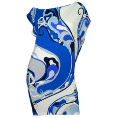 Emilio Pucci Blue White Abstract Print Asymmetrical Tunic Top sz 4