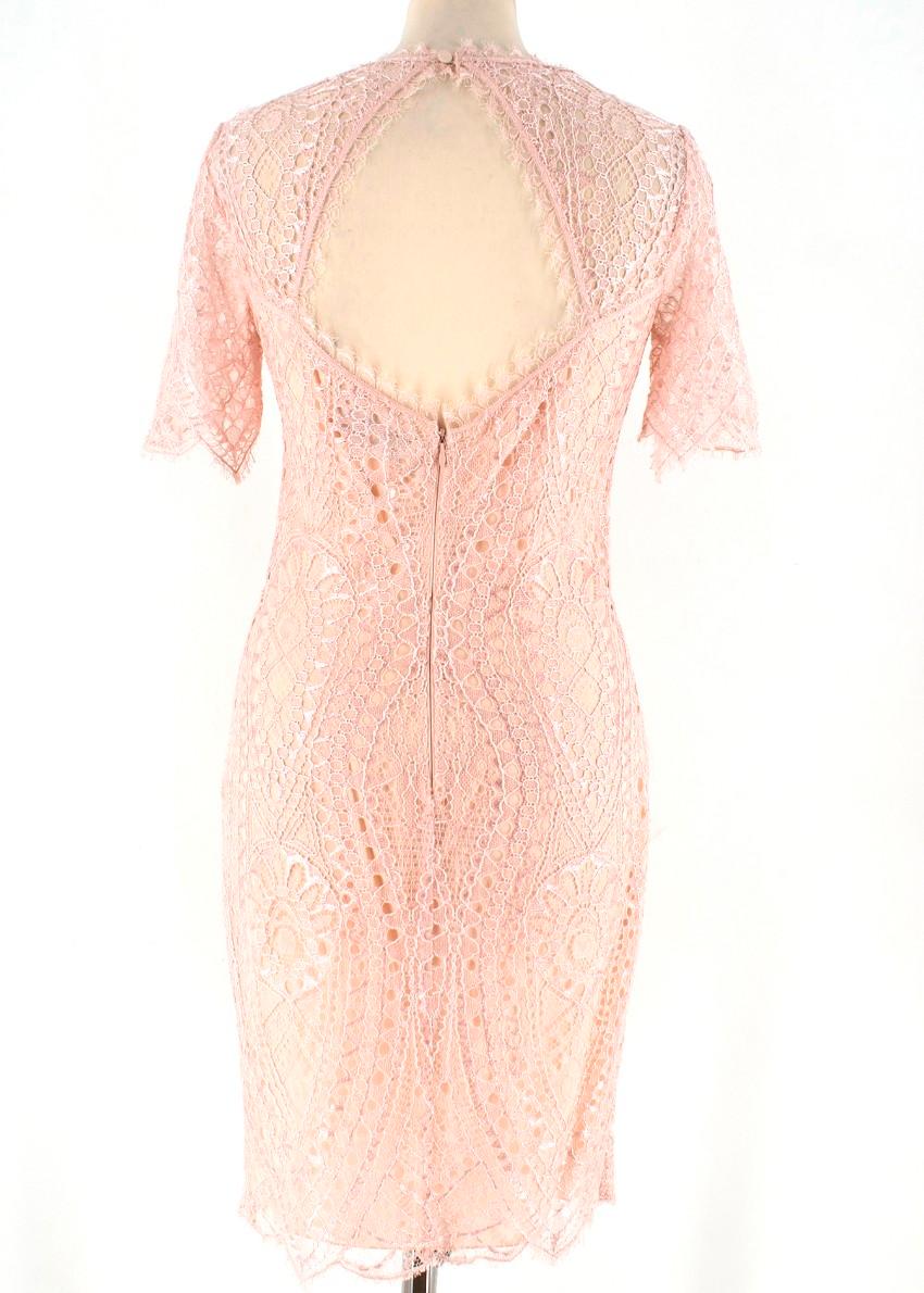 Emilio Pucci elegant pink lace mini dress with square neckline and open back.

- Button at back neck
- Short sleeves
- Concealed back zip
- Fabric 1: 75% viscose, 25% nylon
- Fabric 2: 100% nylon
- Lining: 92% silk, 8% elastane
- Trim: 55% nylon,