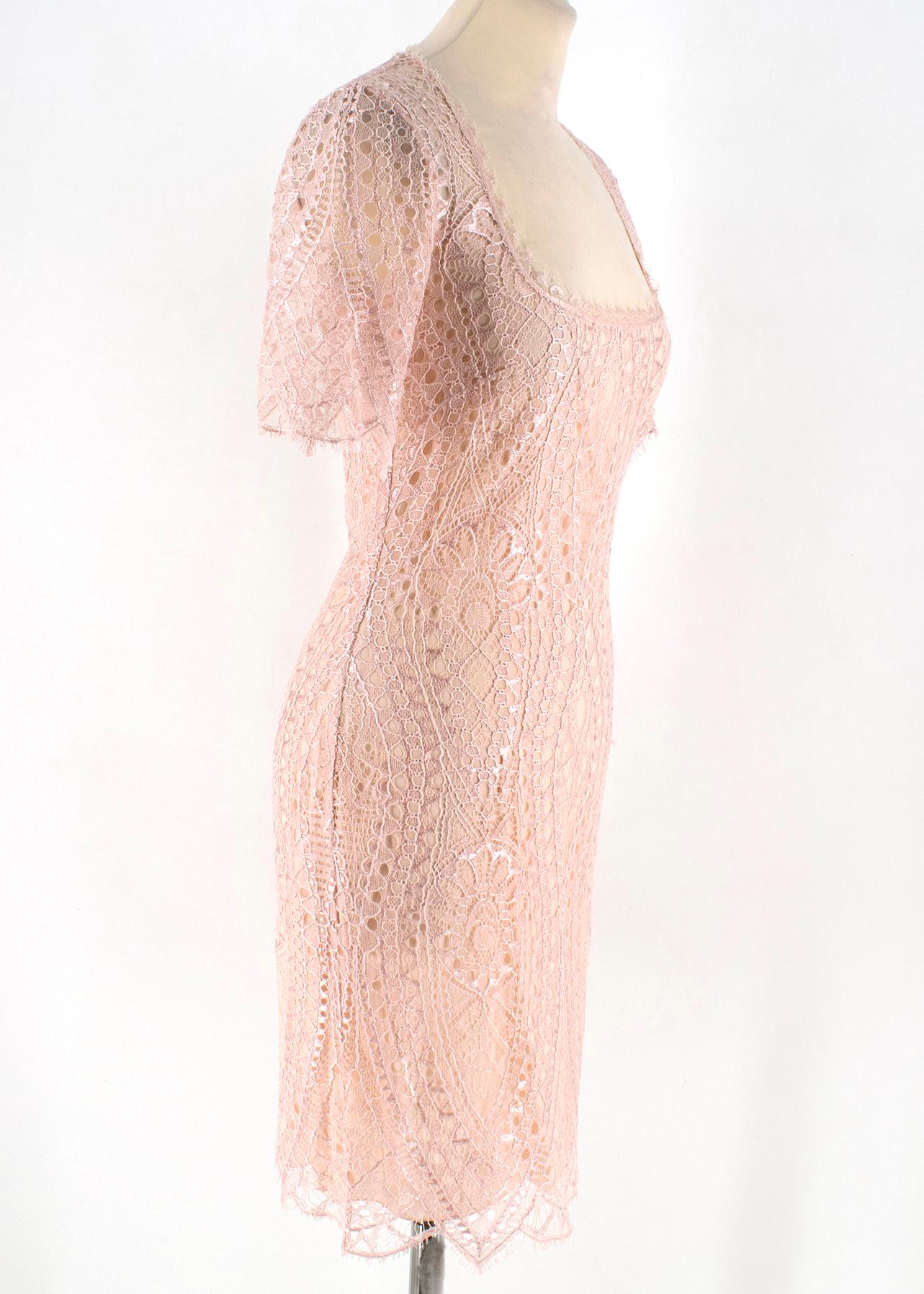 Emilio Pucci elegant pink lace mini dress with square neckline and open back. RRP £1590

- Button at back neck
- Short sleeves
- Concealed back zip
- Fabric 1: 75% viscose, 25% nylon
- Fabric 2: 100% nylon
- Lining: 92% silk, 8% elastane
- Trim: 55%