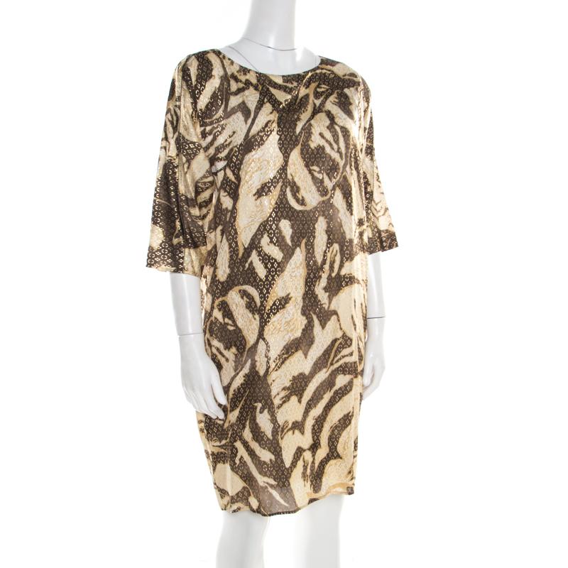 Emilio Pucci Brown and Beige Foil Printed Silk Long Sleeve Dress S In Good Condition In Dubai, Al Qouz 2