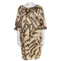 Emilio Pucci Brown and Beige Foil Printed Silk Long Sleeve Dress S