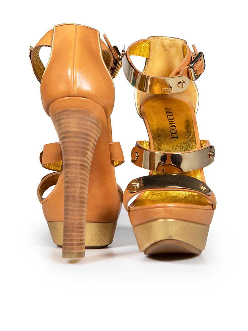 Emilio Pucci Brown Leather Plated Platform Sandals Size IT 36 In Good Condition For Sale In London, GB