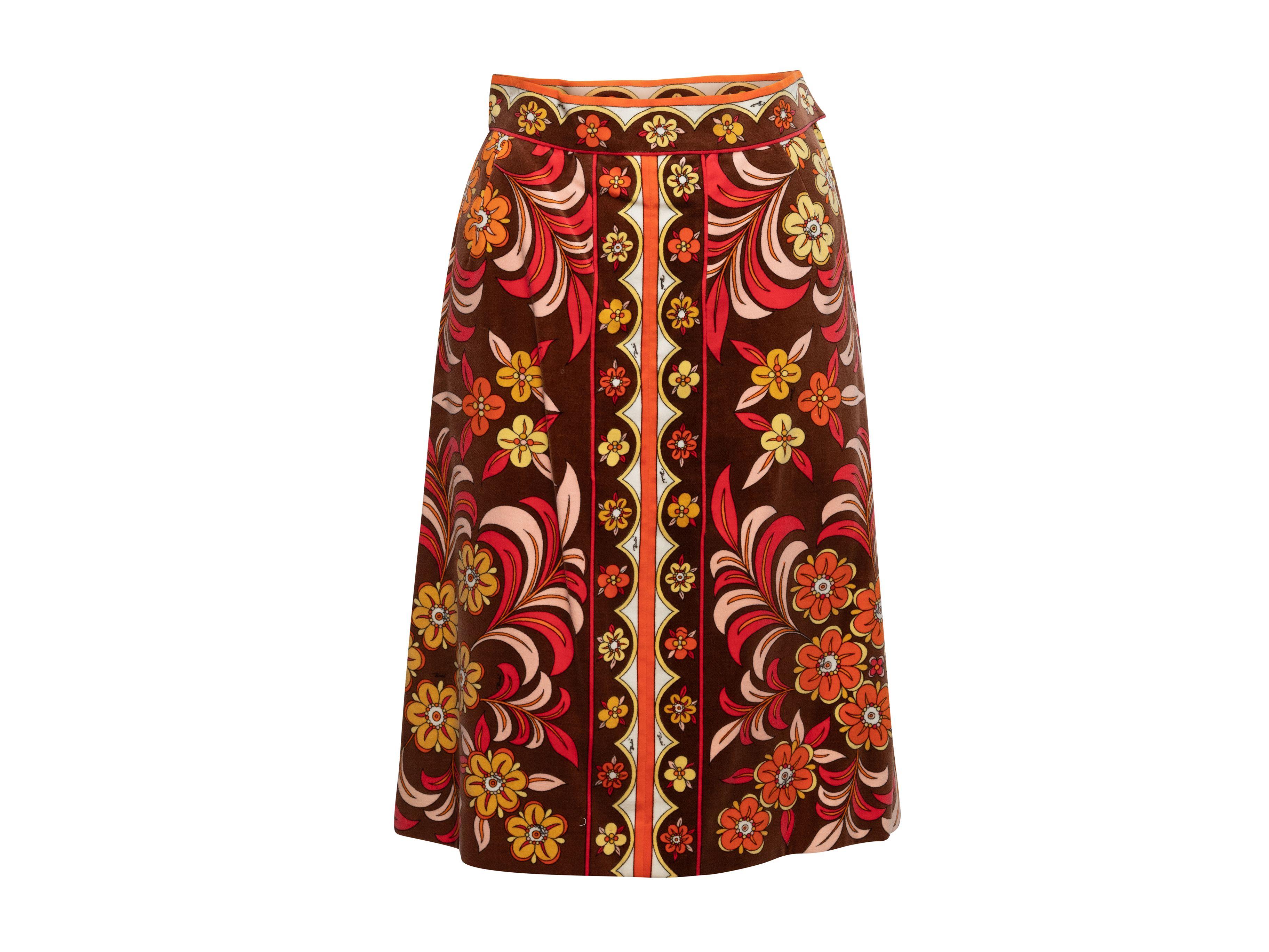 Emilio Pucci Brown & Multicolor Floral Print Velvet Skirt In Good Condition In New York, NY
