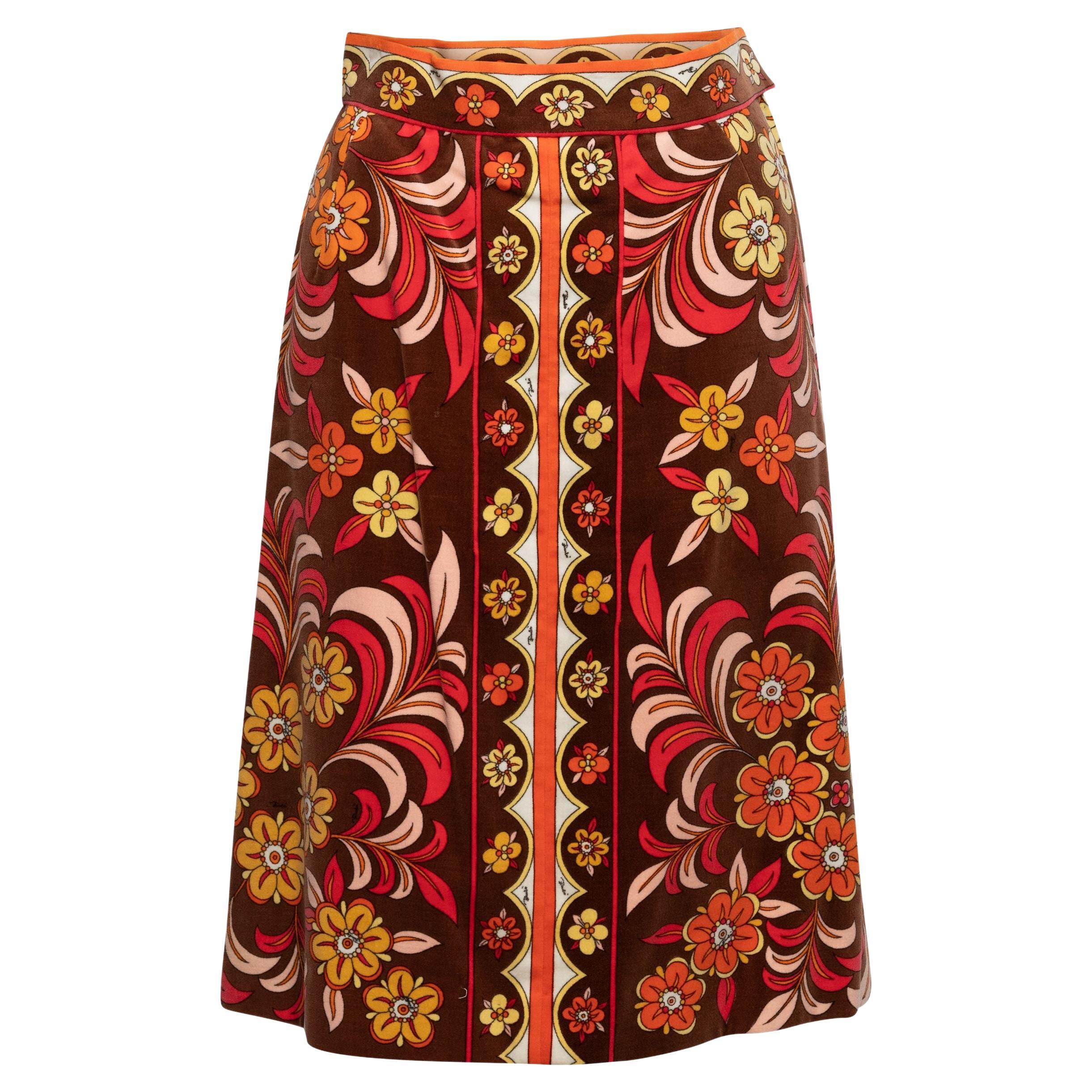 Emilio Pucci Brown & Multicolor Floral Print Velvet Skirt