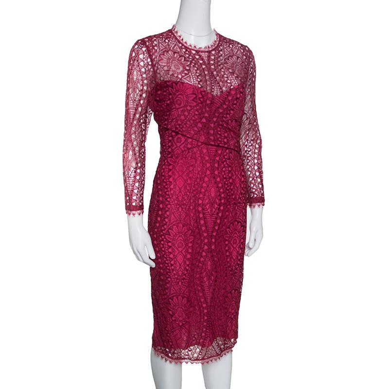 Red Emilio Pucci Burgundy Floral Lace Scalloped Trim Draped Dress M