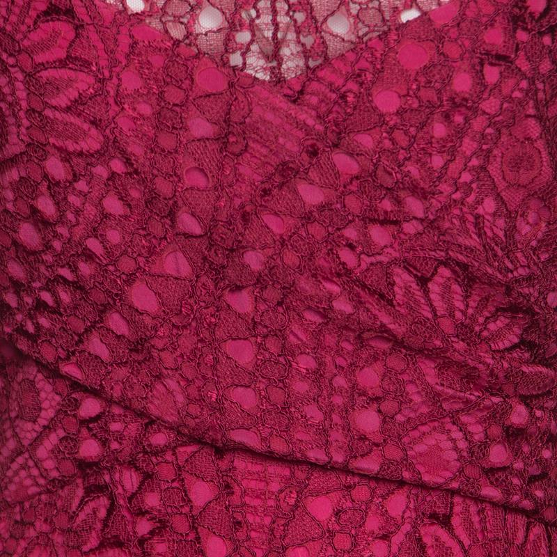 Emilio Pucci Burgundy Floral Lace Scalloped Trim Draped Dress M In Good Condition In Dubai, Al Qouz 2