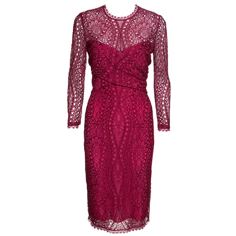 Emilio Pucci Burgundy Floral Lace Scalloped Trim Draped Dress M