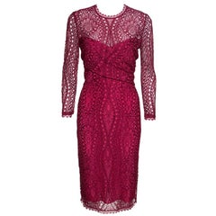 Emilio Pucci Burgundy Floral Lace Scalloped Trim Draped Dress M
