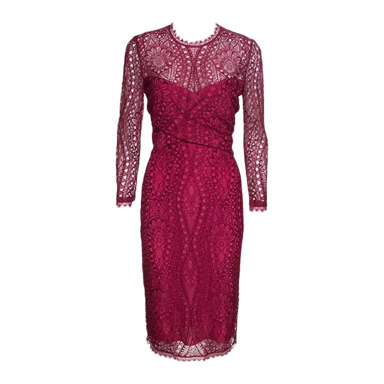 Emilio Pucci Burgundy Floral Lace Scalloped Trim Draped Dress M