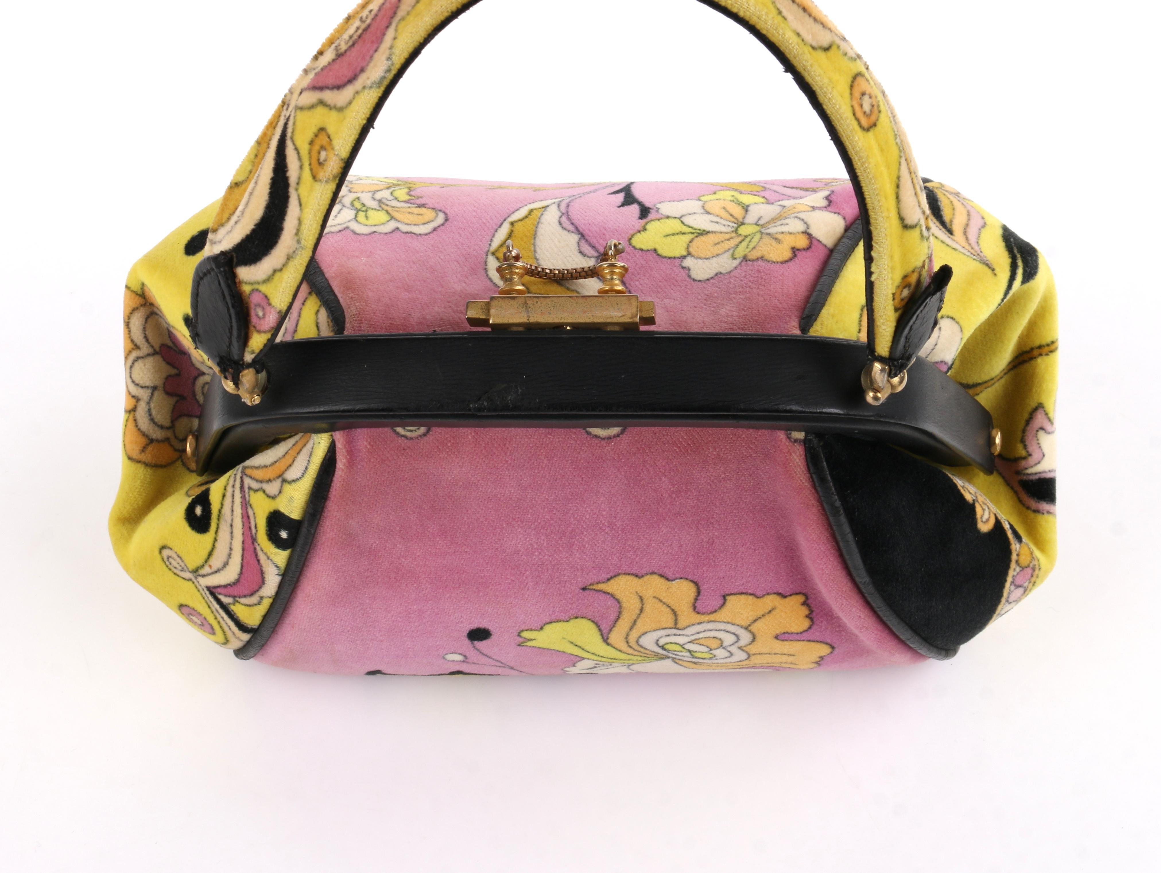 EMILIO PUCCI by Jana c.1960s Floral Signature Print Velveteen Structured Handbag In Good Condition In Thiensville, WI