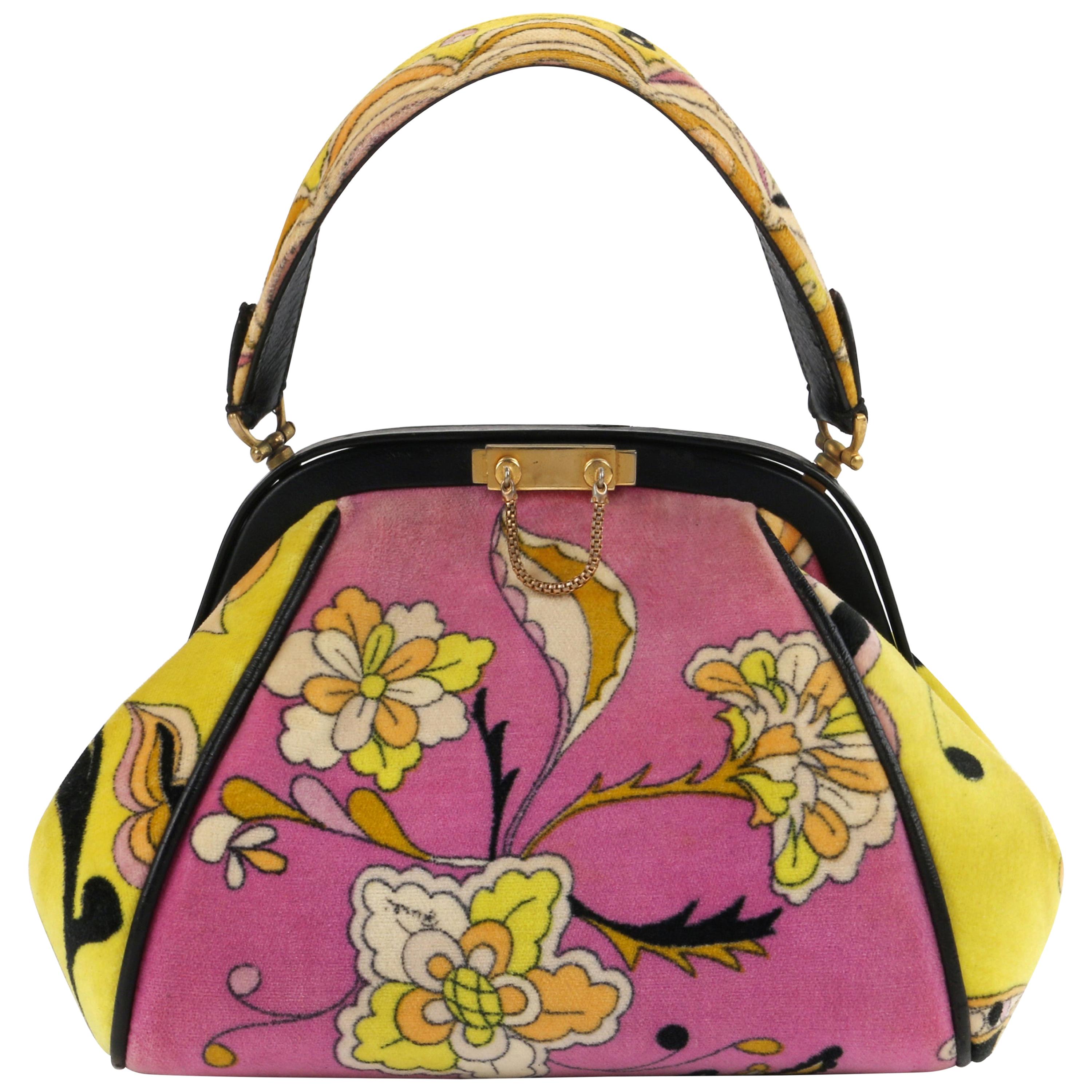 EMILIO PUCCI by Jana c.1960s Floral Signature Print Velveteen Structured Handbag
