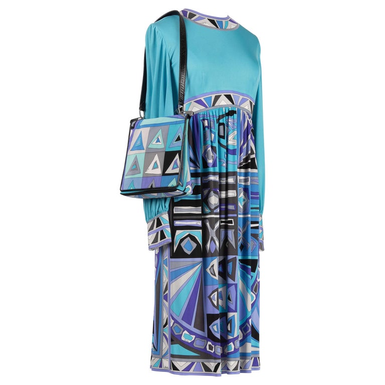 Emilio Pucci turquoise signature print silk dress and shoulder bag set, ca. 1968