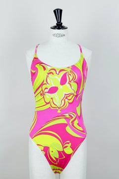 EMILIO PUCCI c. 1990s Pink & Green "Lillium" Motif Swimsuit and Beach Towel Set