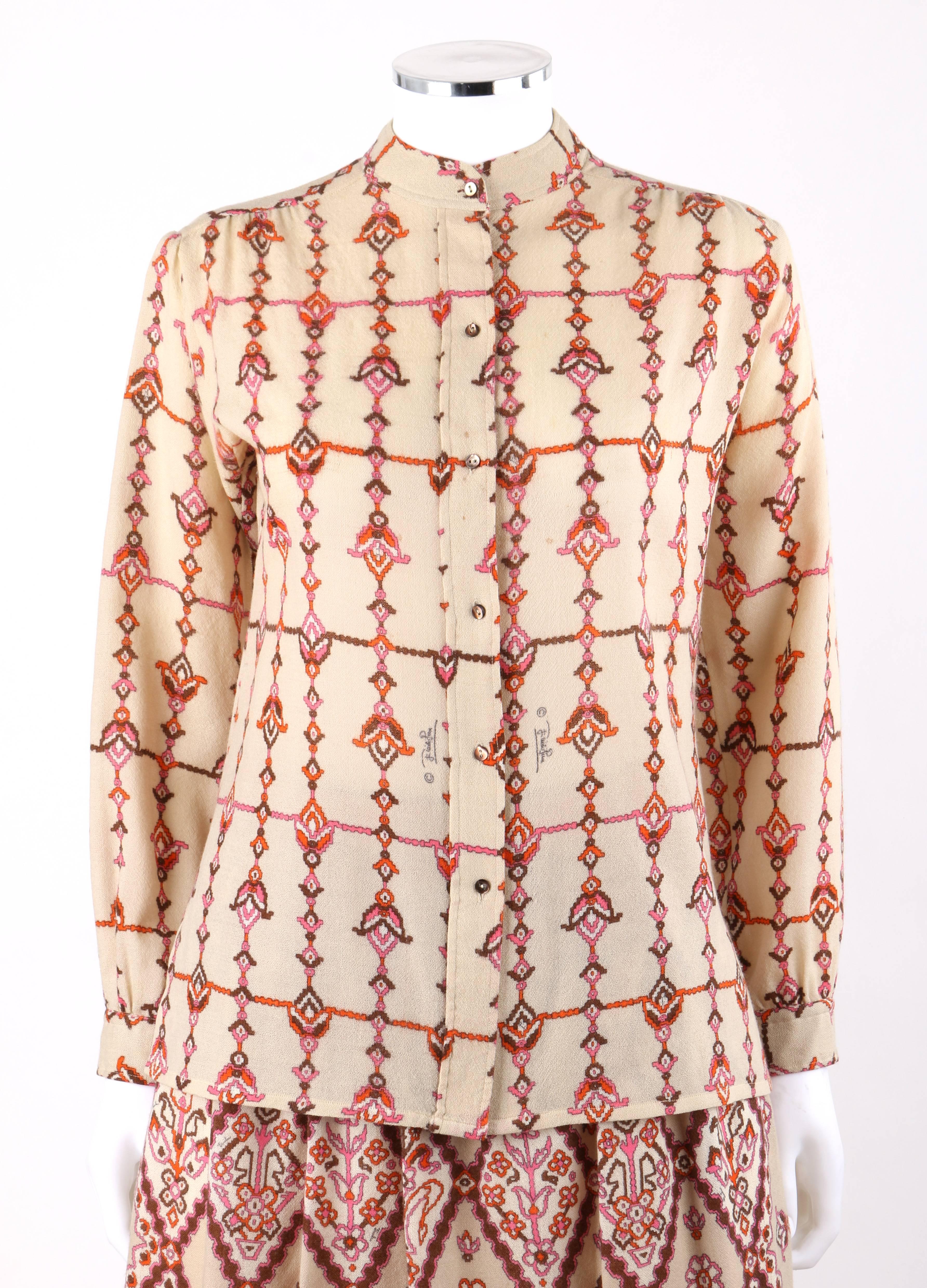 Beige Emilio Pucci Signature Print Shirt Blouse Gathered Skirt Dress Set, circa 1950s For Sale