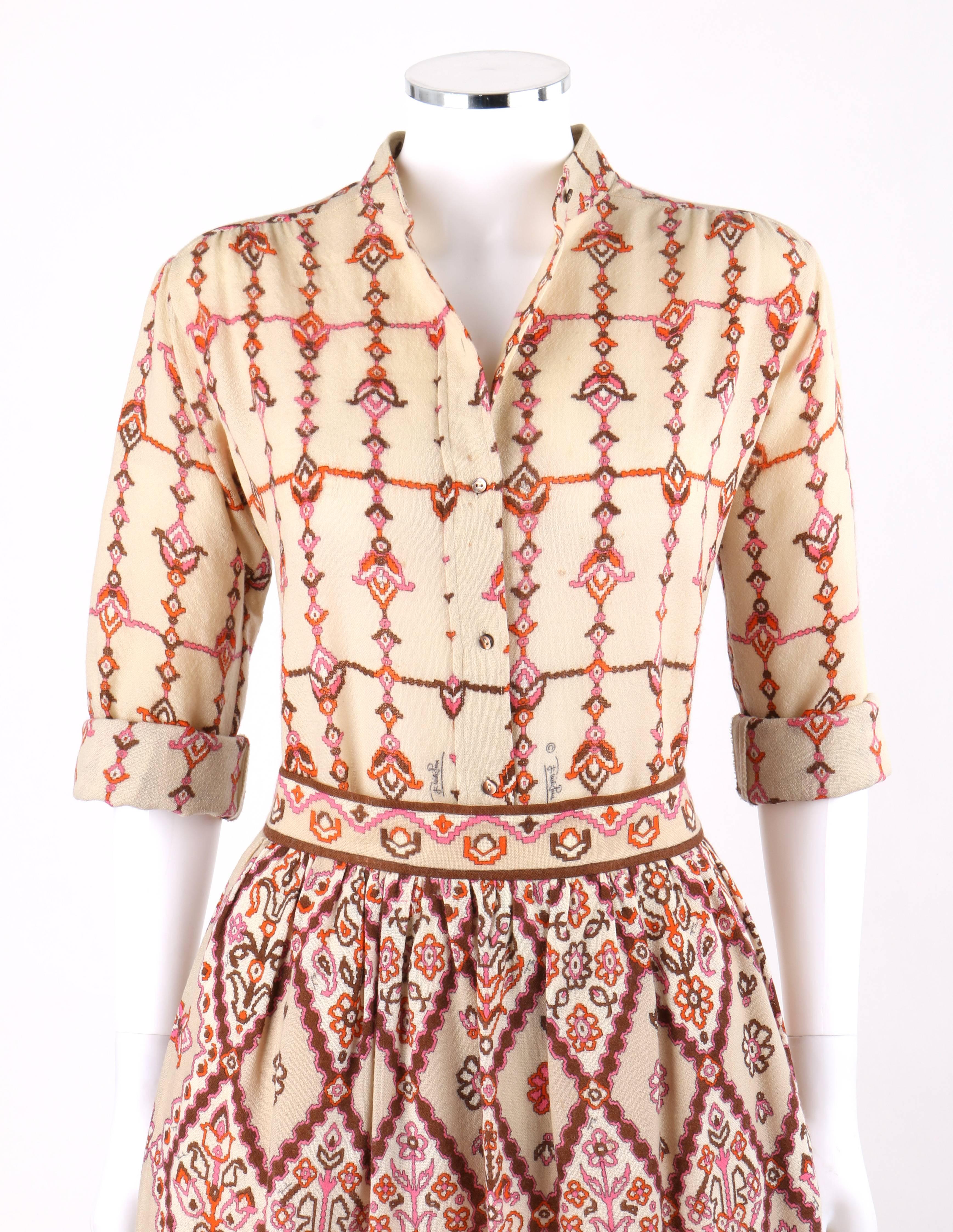 Emilio Pucci Signature Print Shirt Blouse Gathered Skirt Dress Set, circa 1950s In Good Condition For Sale In Thiensville, WI