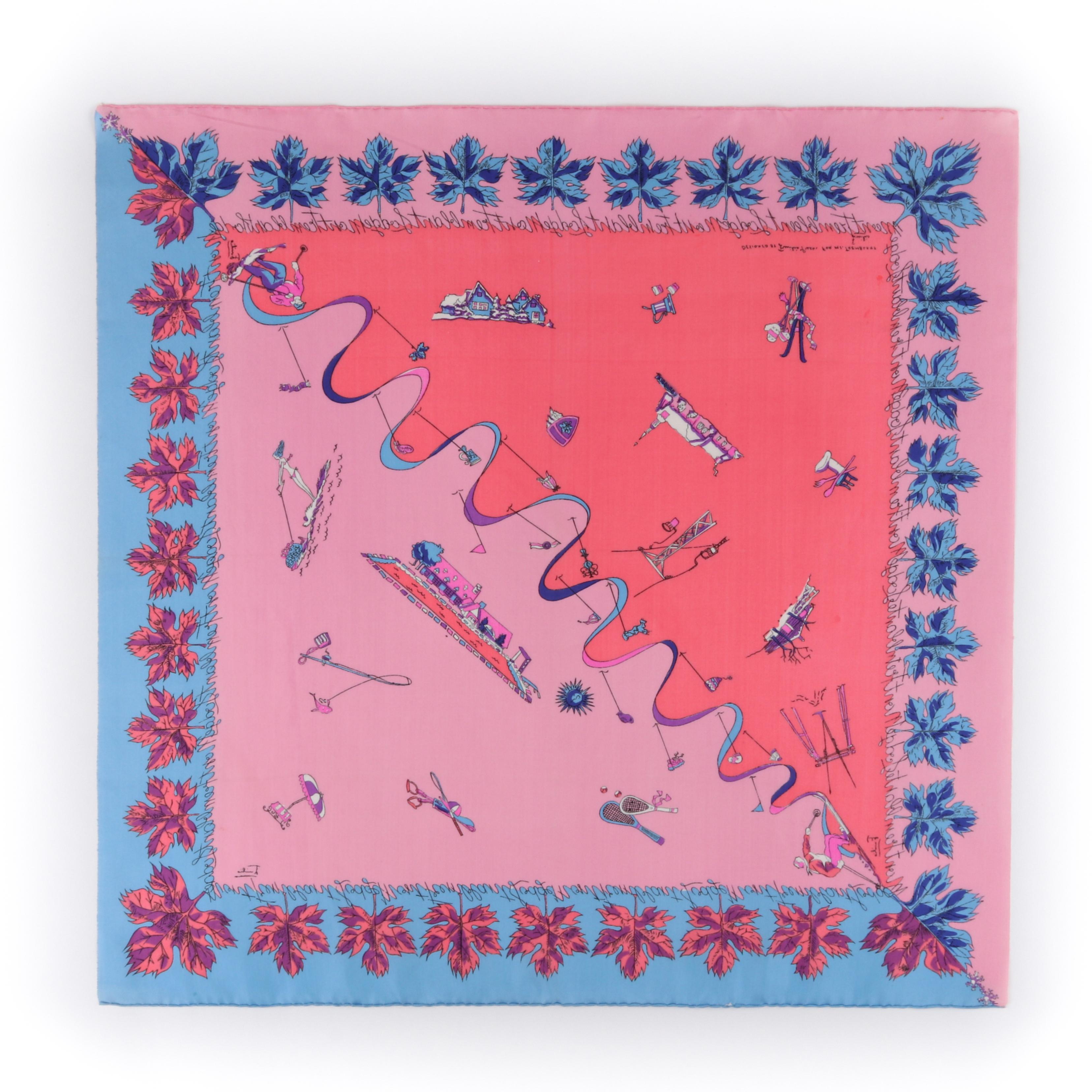 EMILIO PUCCI c.1950s Tremblant Lodge Ski & Beach Signature Silk Square Scarf
 
Circa: 1950’s
Brand / Manufacturer: Emilio Pucci
Designer: Emilio Pucci
Style: Square scarf
Color(s): Shades of pink, blue 
Unmarked Fabric Content: Silk 
Additional