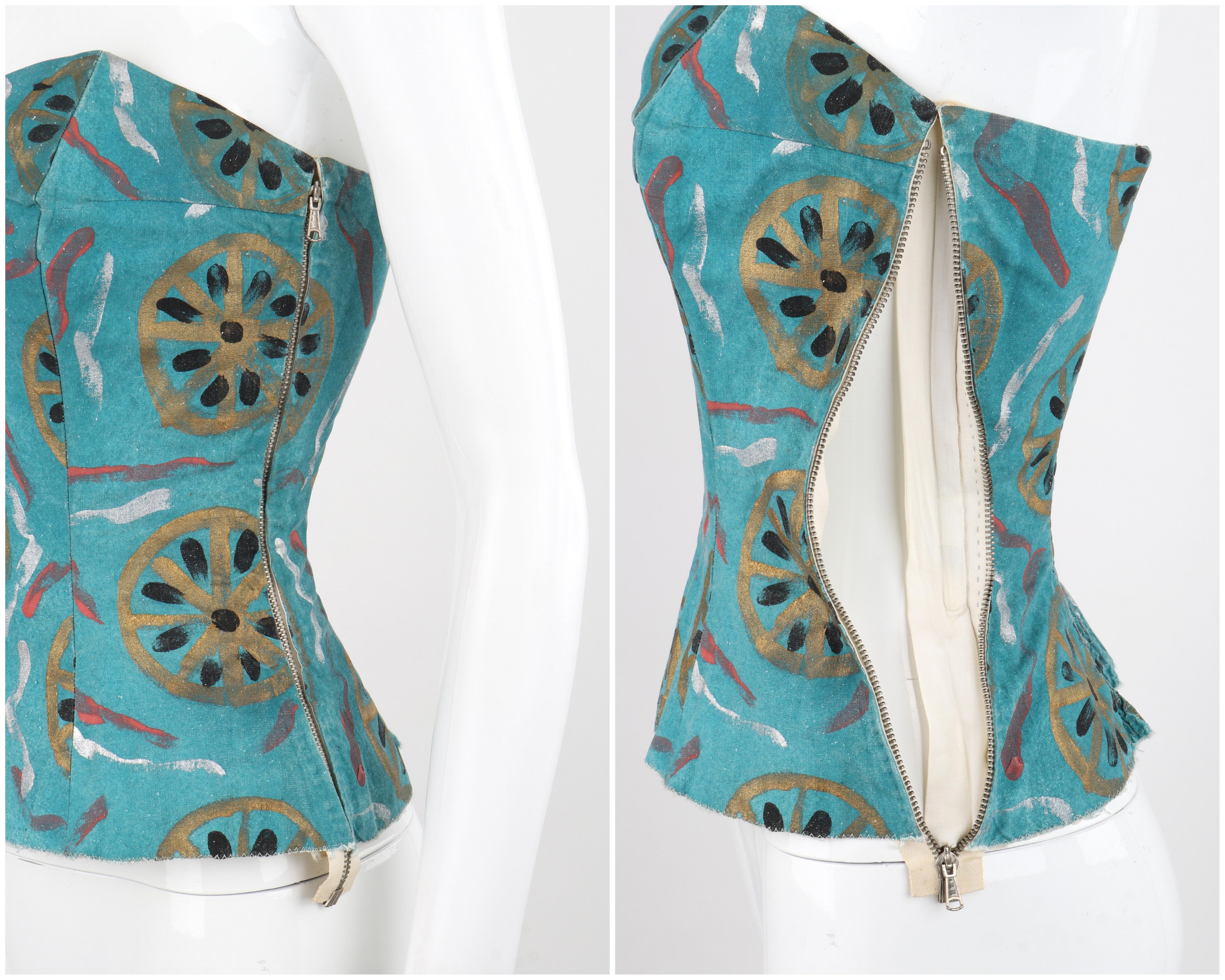 EMILIO PUCCI c.1954 Vtg Teal Cotton Fitted Hand Painted Bustier Sun Top RARE For Sale 7
