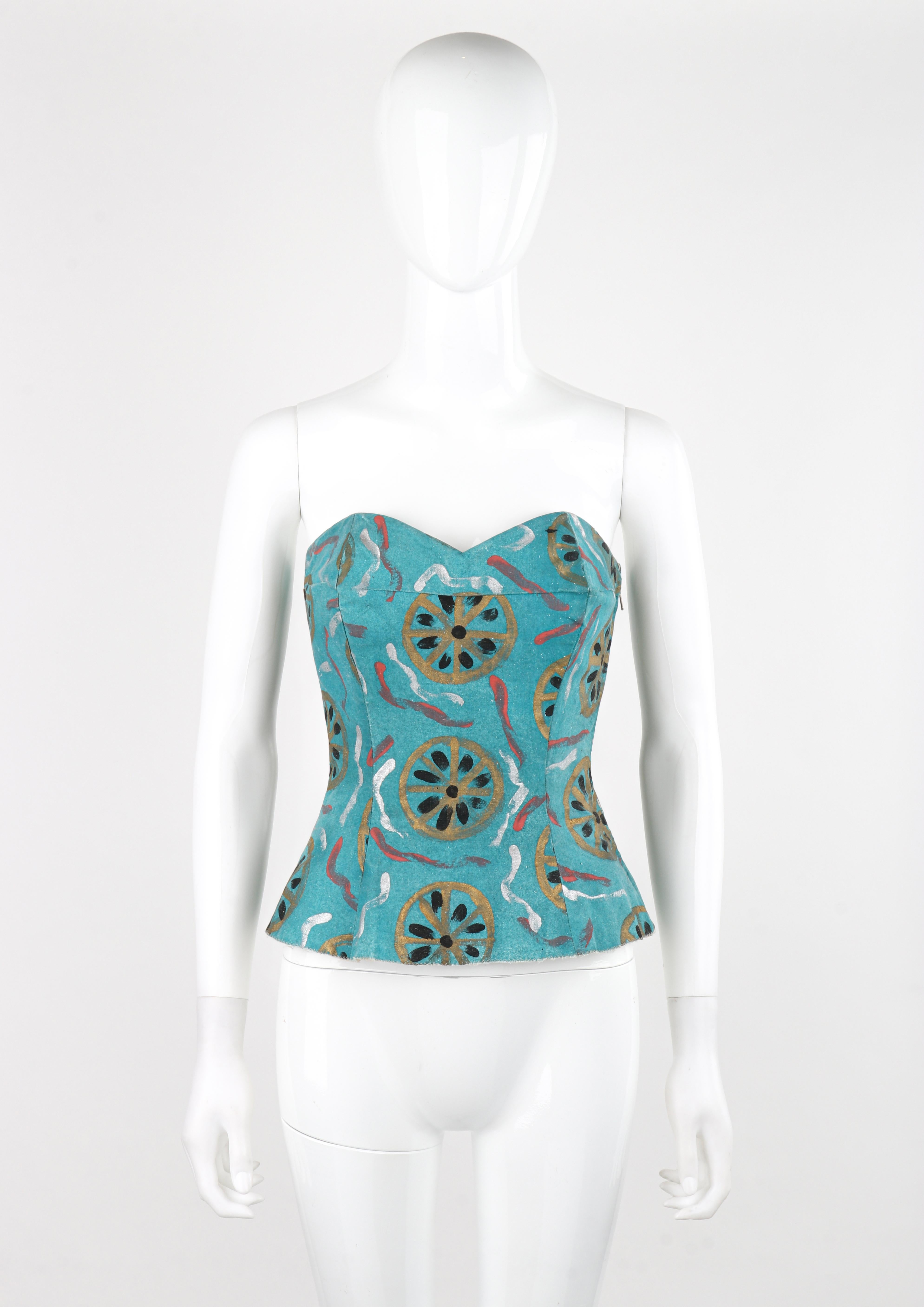 EMILIO PUCCI c.1954 Blue Cotton Fitted Hand Painted Bustier Sun Top RARE & Documented

Brand / Manufacturer: Emilio Pucci
Circa: 1954
Designer: Emilio Pucci
Style: Bustier Top
Color(s): Shades of Teal, White, Gold, Silver, Black, Red
Lined: