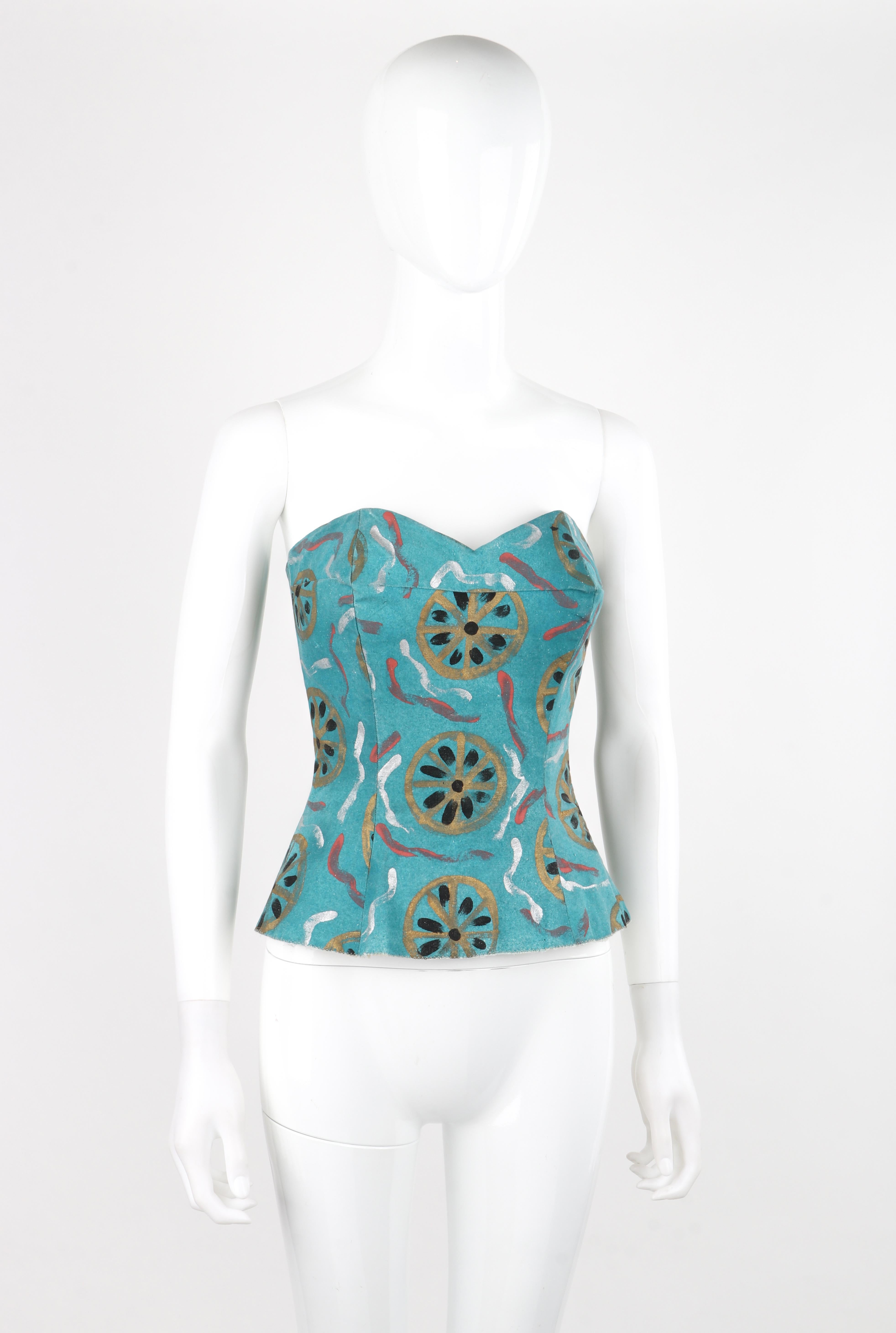 EMILIO PUCCI c.1954 Vtg Teal Cotton Fitted Hand Painted Bustier Sun Top RARE For Sale 2