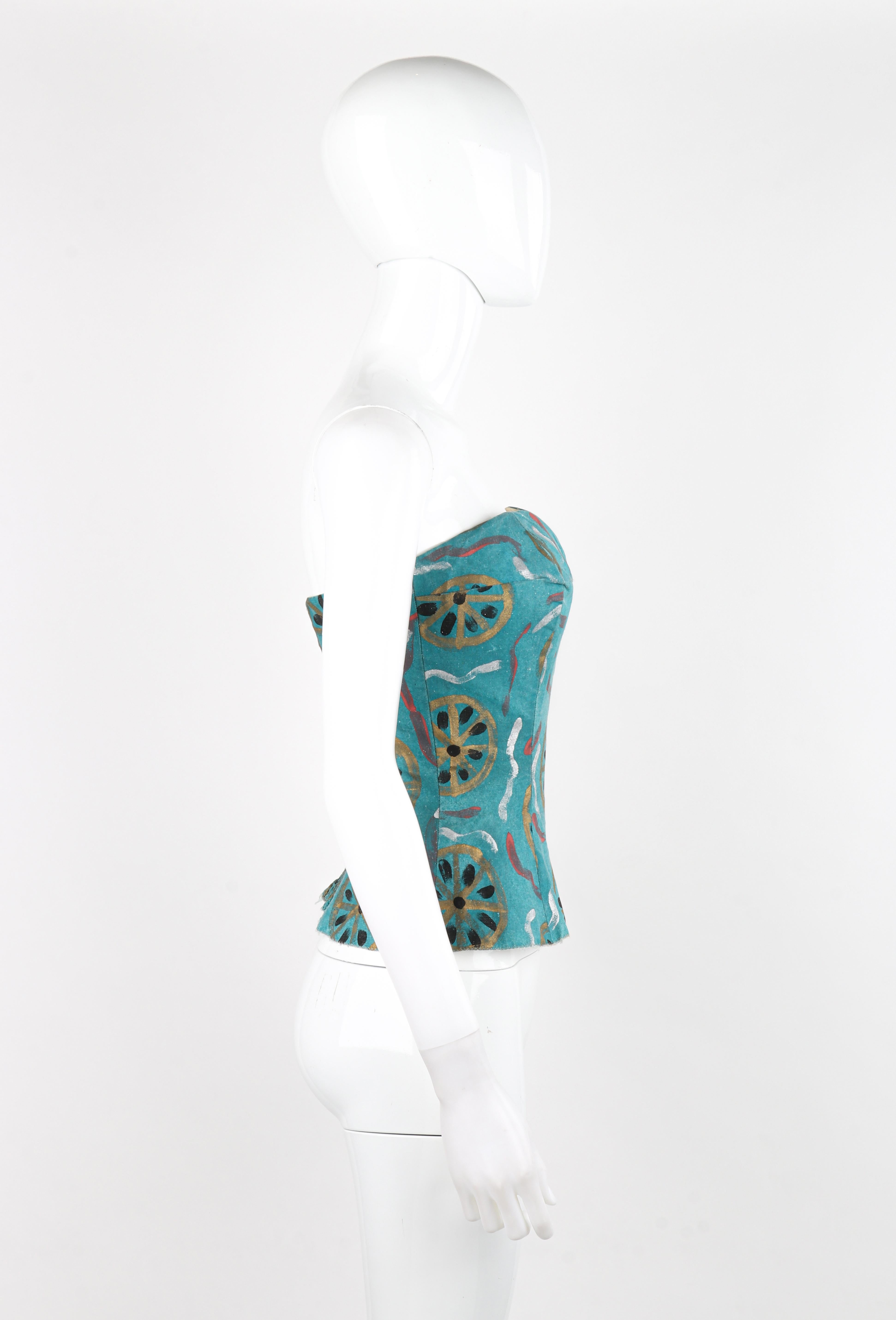 EMILIO PUCCI c.1954 Vtg Teal Cotton Fitted Hand Painted Bustier Sun Top RARE For Sale 3