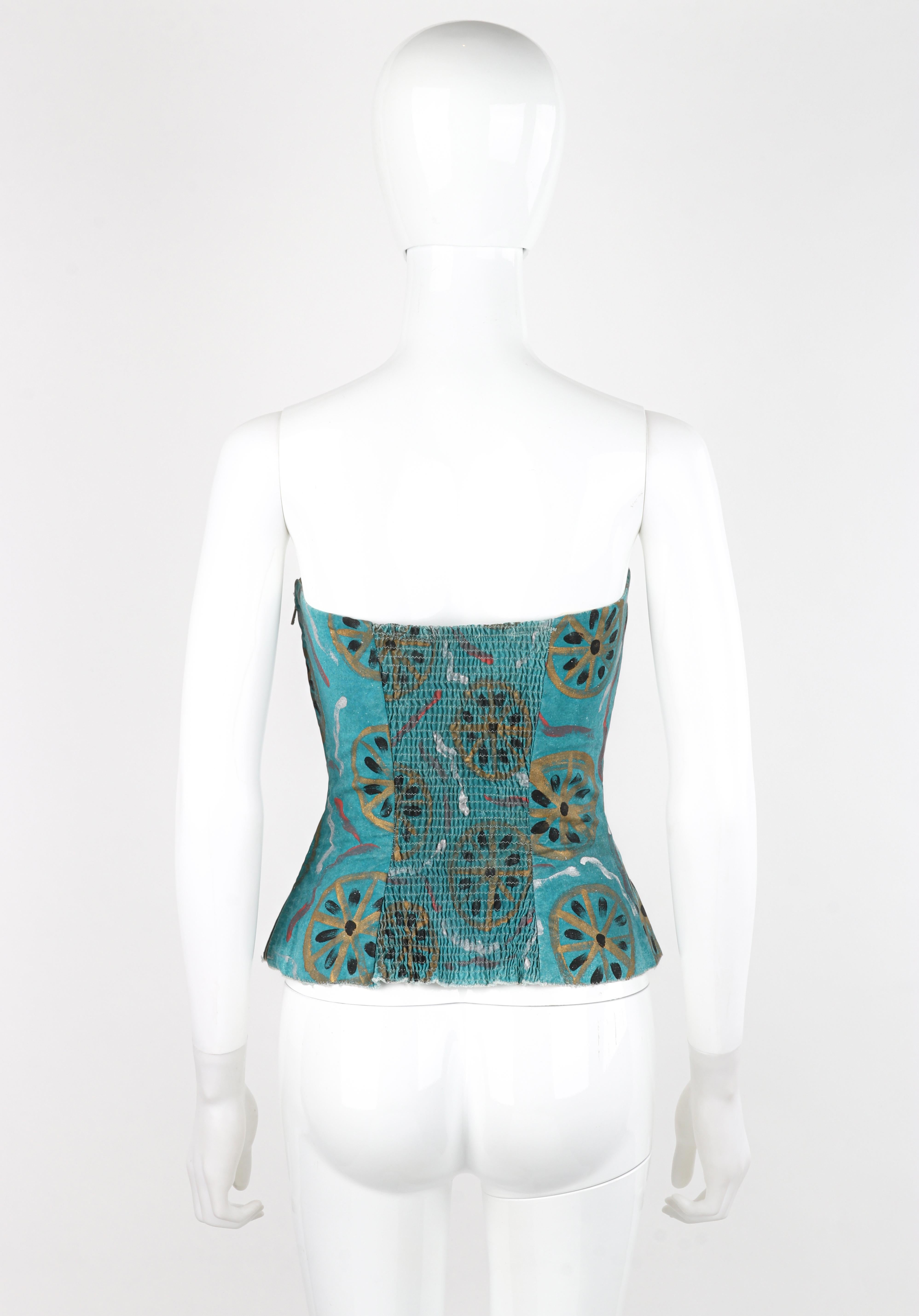 EMILIO PUCCI c.1954 Vtg Teal Cotton Fitted Hand Painted Bustier Sun Top RARE For Sale 4