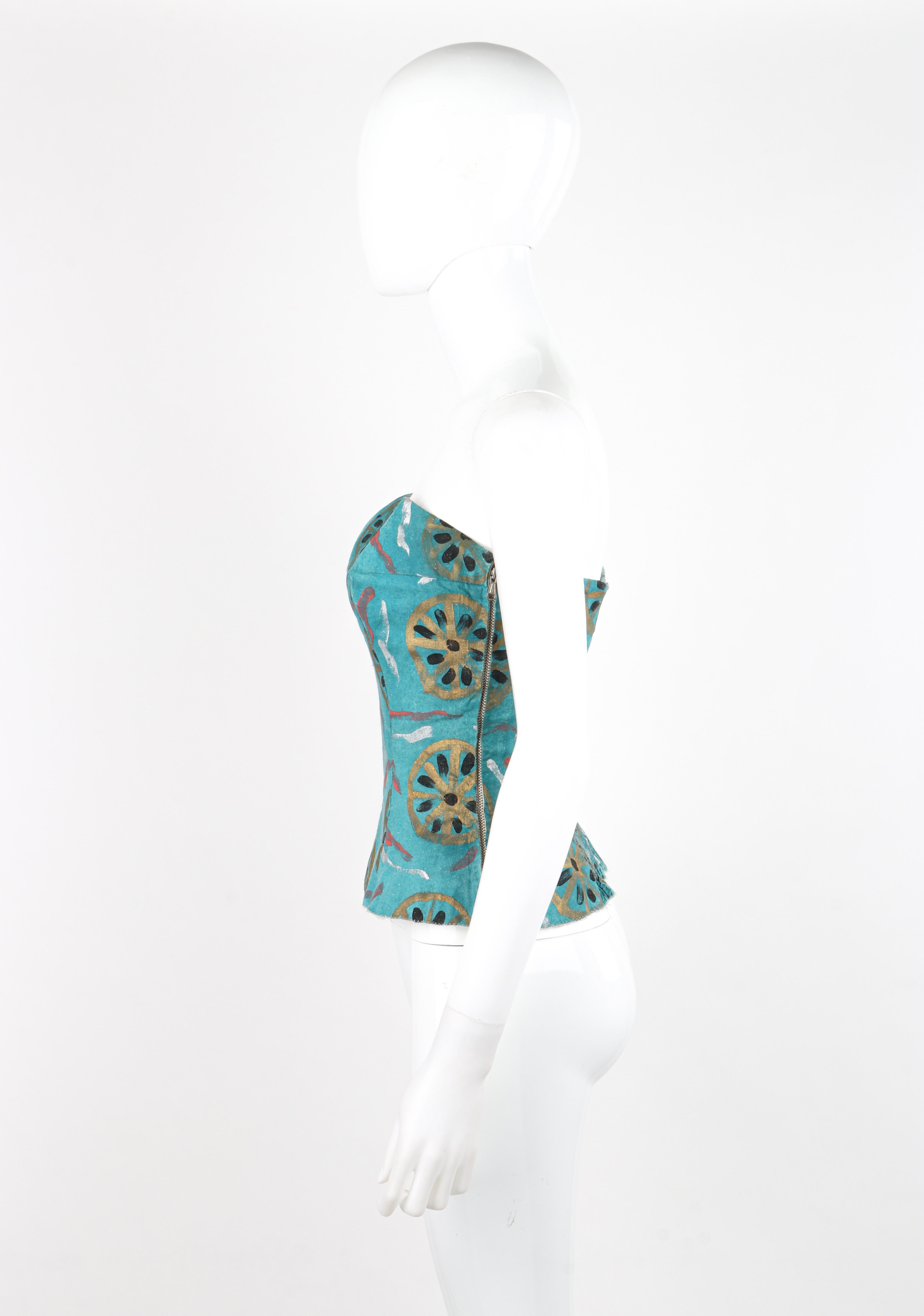 EMILIO PUCCI c.1954 Vtg Teal Cotton Fitted Hand Painted Bustier Sun Top RARE For Sale 5