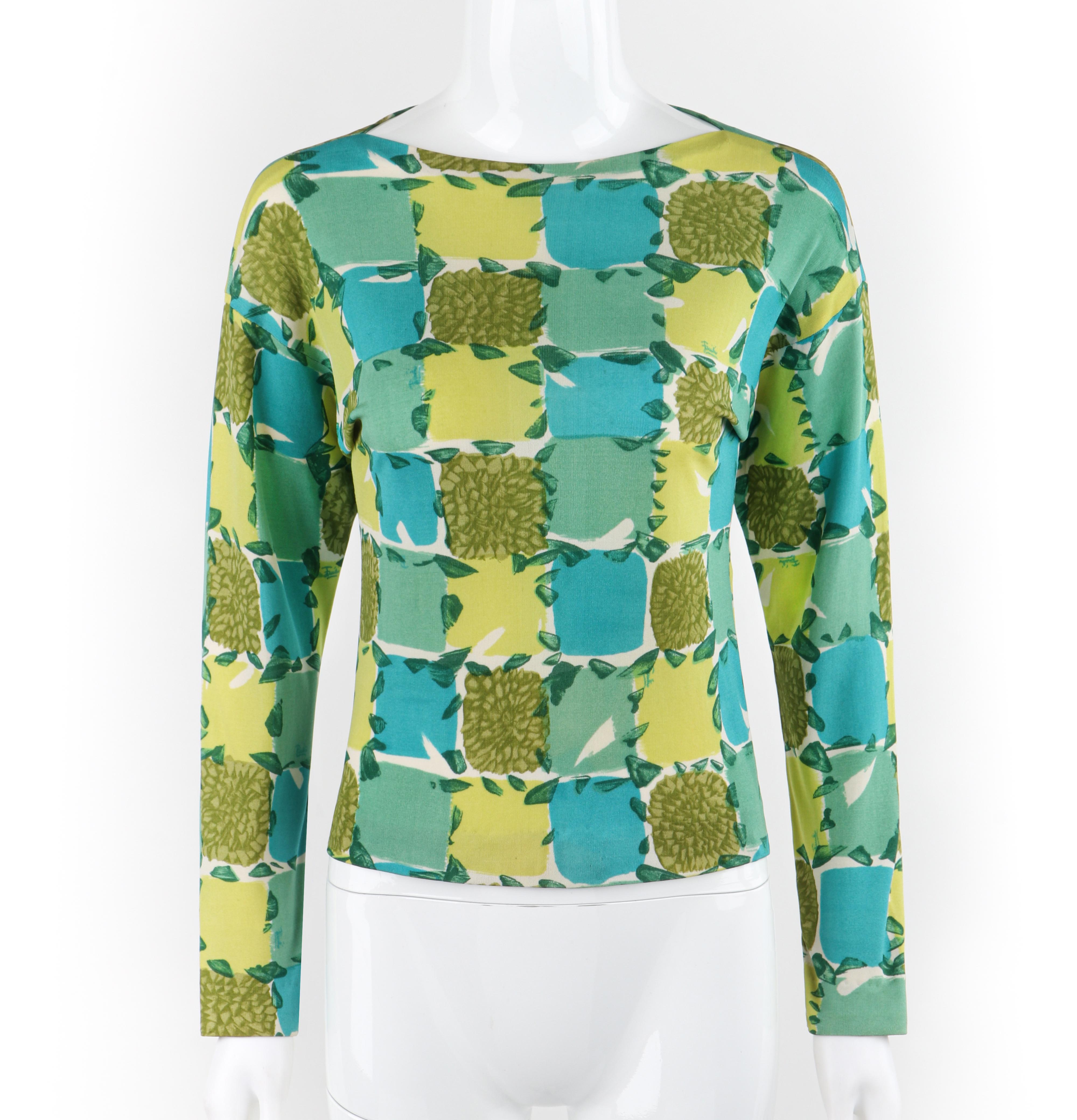 EMILIO PUCCI c.1956 Blue Yellow Green Abstract Floral Check Print Silk Sweater

Brand / Manufacturer: Emilio Pucci
Circa: 1956
Designer: Emilio Pucci 
Style: Long sleeve sweater
Color(s): Shades of white, blue, green, yellow
Lined: No
Marked Fabric