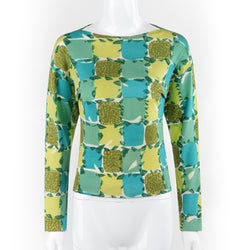 EMILIO PUCCI c.1956 Blue Yellow Green Abstract Floral Check Print Silk Sweater