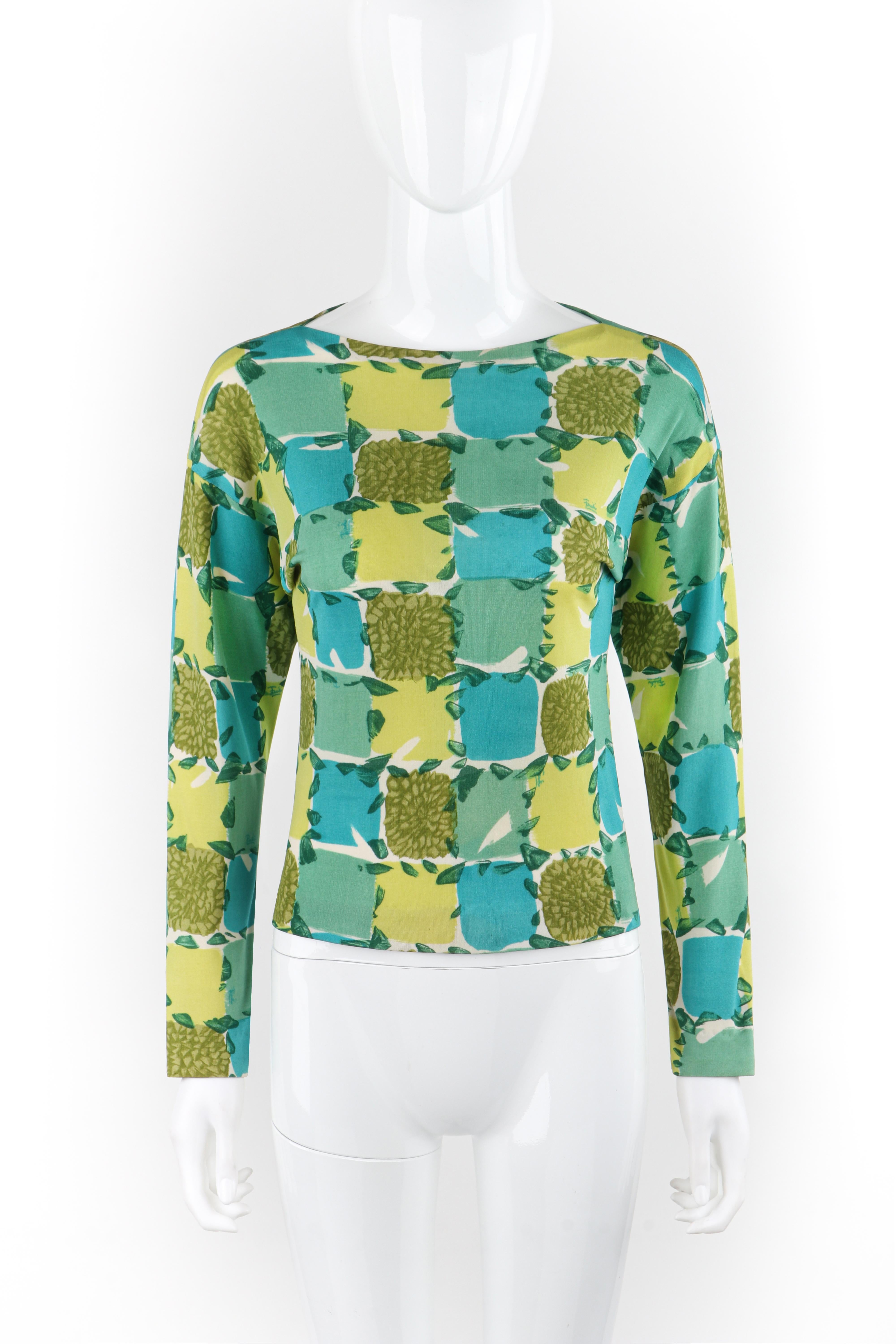 EMILIO PUCCI c.1956 Blue Yellow Green Abstract Floral Check Print Silk Sweater In Good Condition For Sale In Thiensville, WI