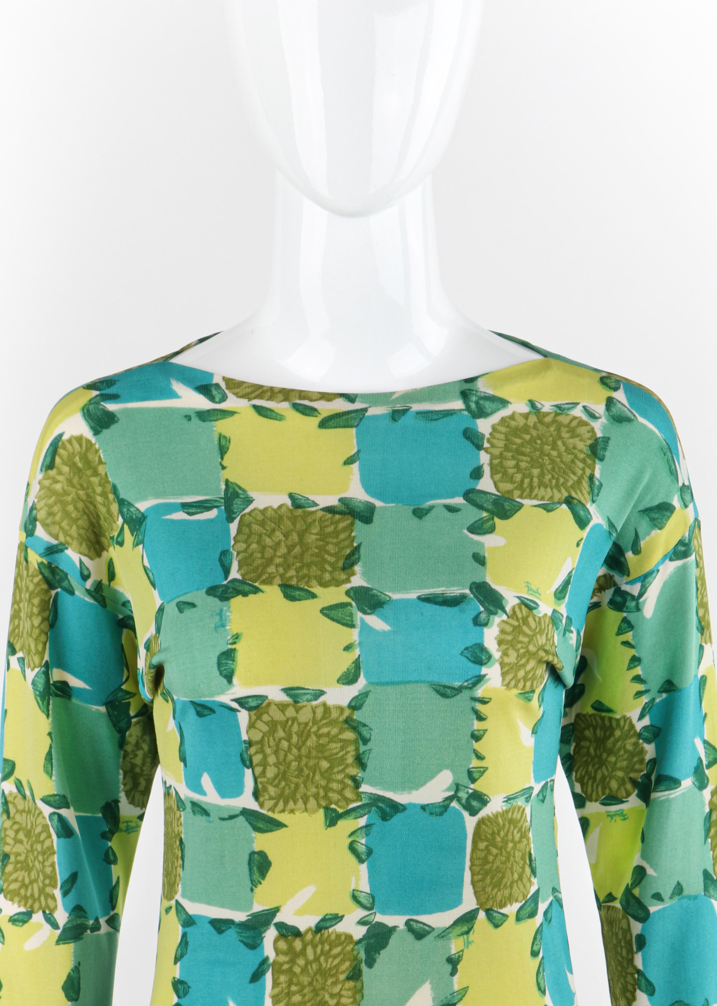 Women's EMILIO PUCCI c.1956 Blue Yellow Green Abstract Floral Check Print Silk Sweater For Sale