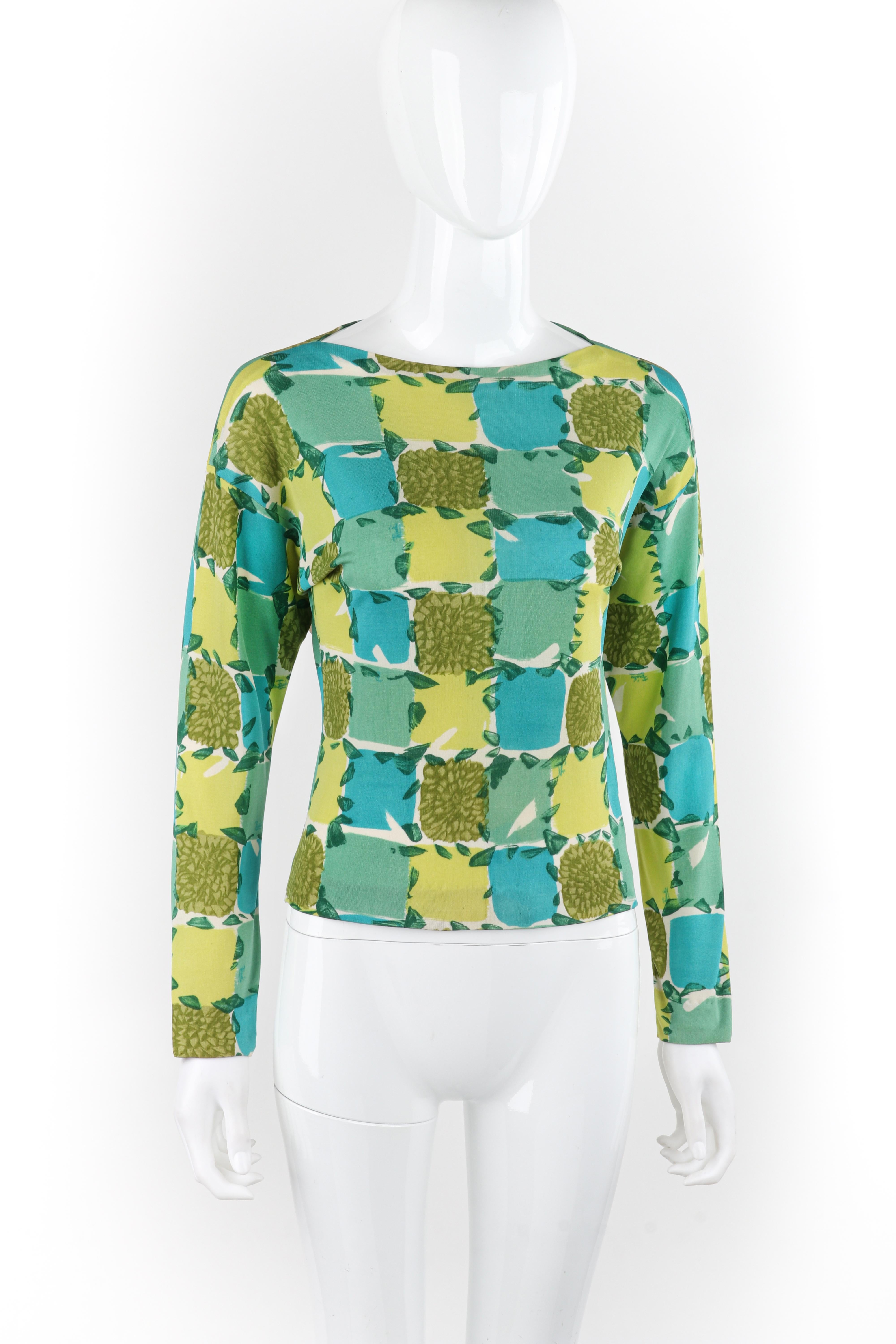 EMILIO PUCCI c.1956 Blue Yellow Green Abstract Floral Check Print Silk Sweater For Sale 1