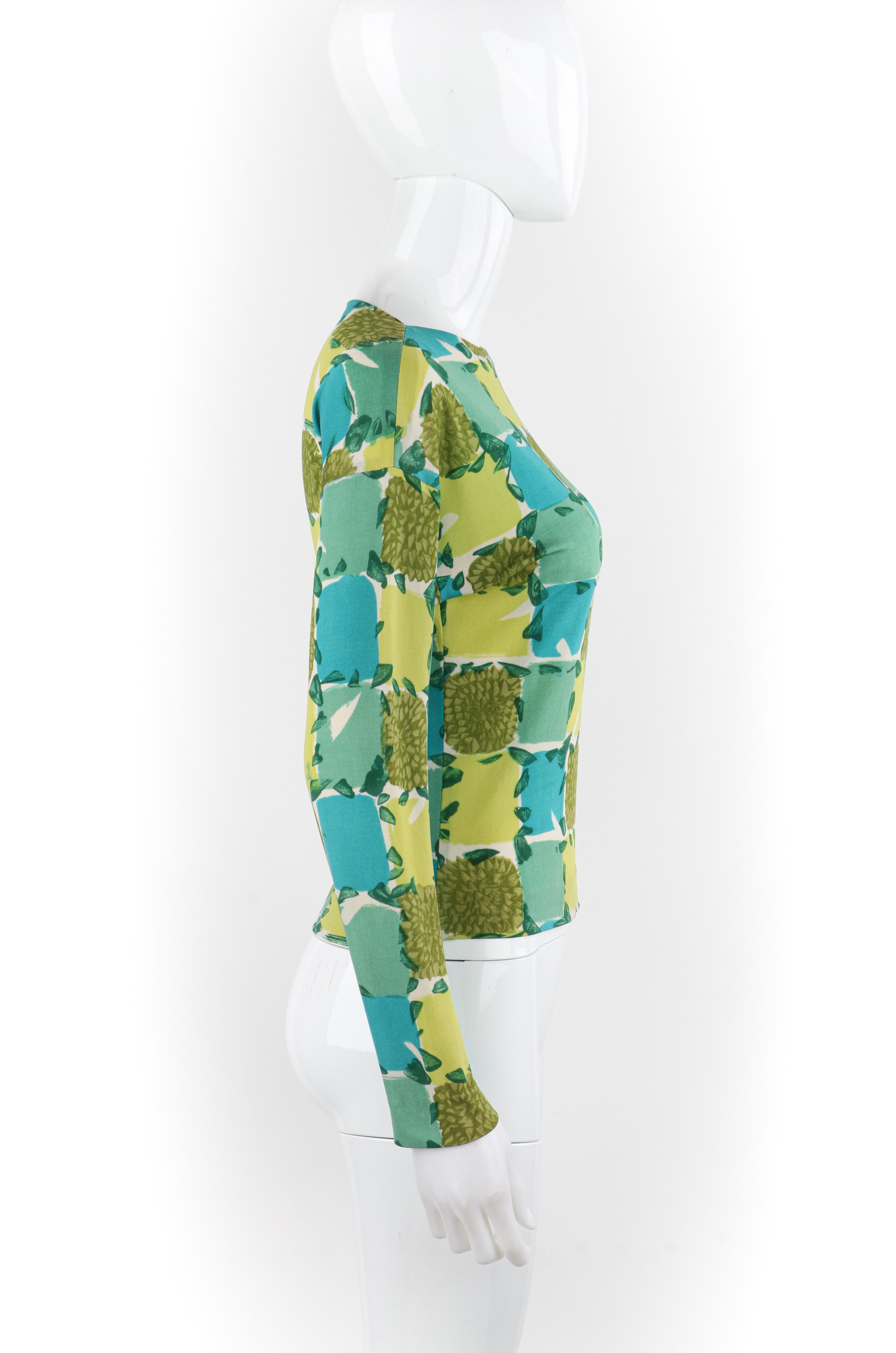 EMILIO PUCCI c.1956 Blue Yellow Green Abstract Floral Check Print Silk Sweater For Sale 1