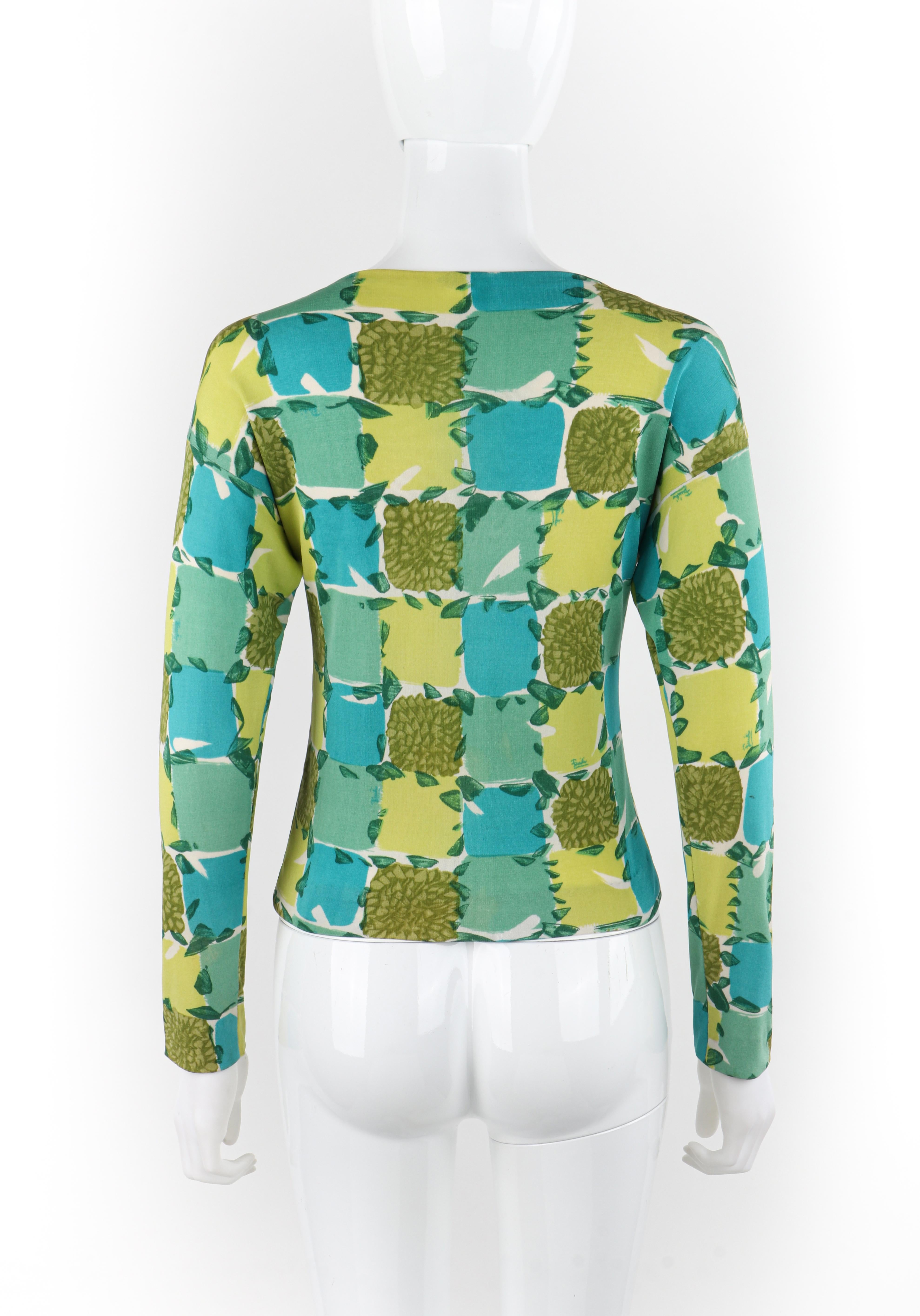 EMILIO PUCCI c.1956 Blue Yellow Green Abstract Floral Check Print Silk Sweater For Sale 2