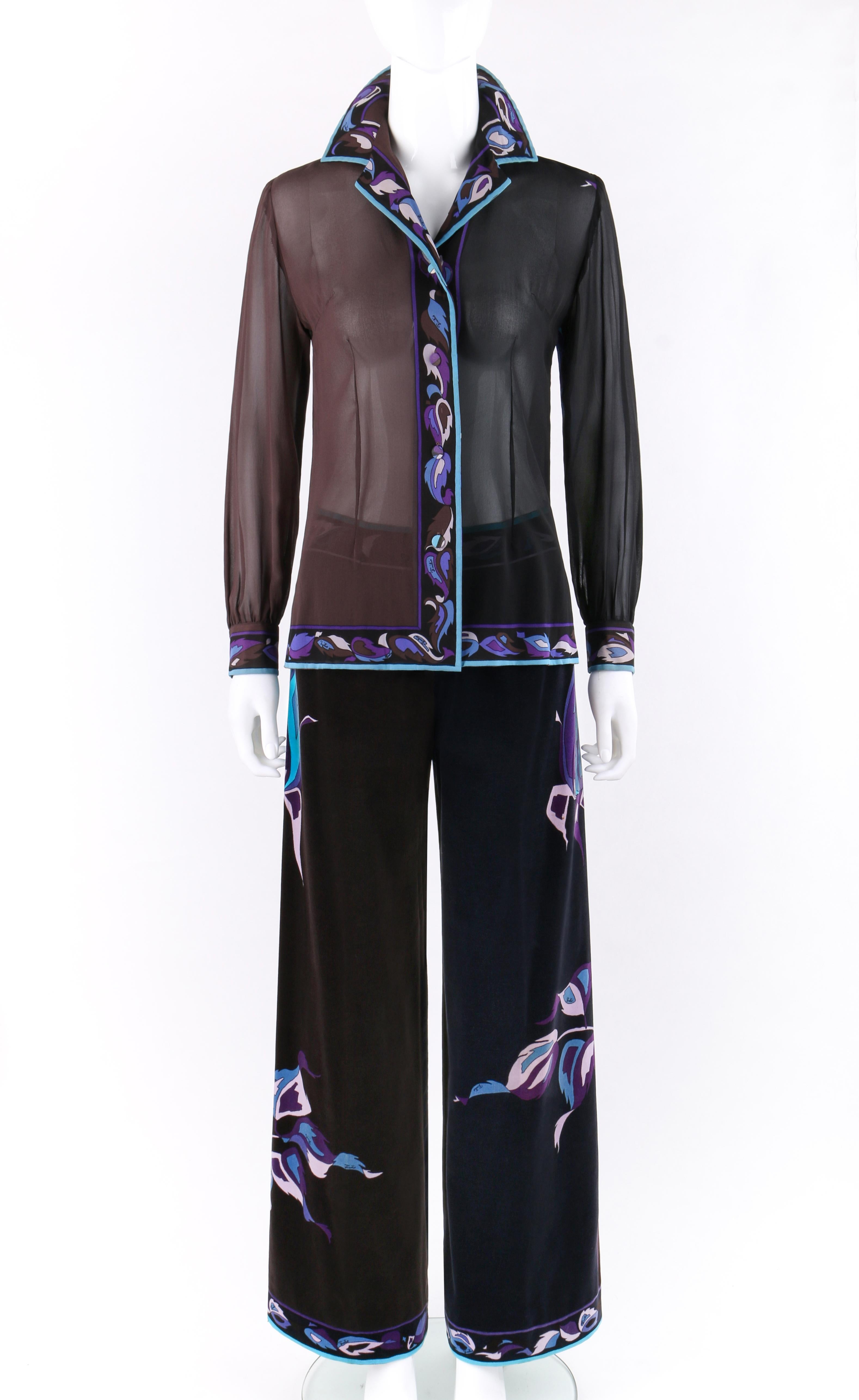 EMILIO PUCCI c.1960-70’s 2pc Multicolor Rose Silk Velvet Blouse Pant Set
 
Circa: 1970’s - Top, 1960’s - Pant
Label(s): Emilio Pucci / Exclusively for Saks Fifth Avenue
Style: Ensemble 
Color(s): Shades of purple, blue, brown, black, and